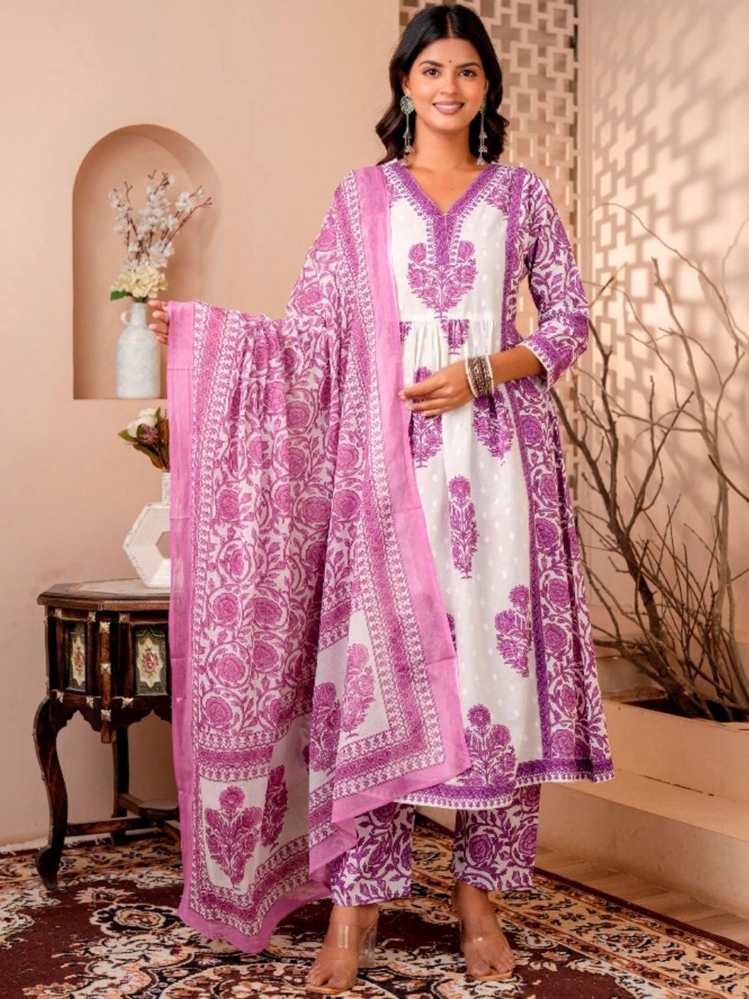 KALINI Women Floral Printed Pleated Pure Cotton Kurta with Trousers & With Dupatta, Purple
KALINI Women Floral Printed Pleated Pure Cotton Kurta with Trousers & With Dupatta, Purple