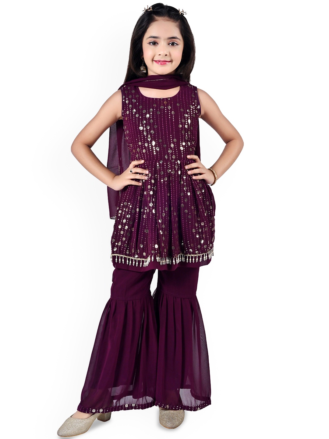 Arshia Fashions Girls Striped Sequinned Georgette Anarkali Kurta With Sharara & Dupatta, Purple
Arshia Fashions Girls Striped Sequinned Georgette Anarkali Kurta With Sharara & Dupatta, Purple