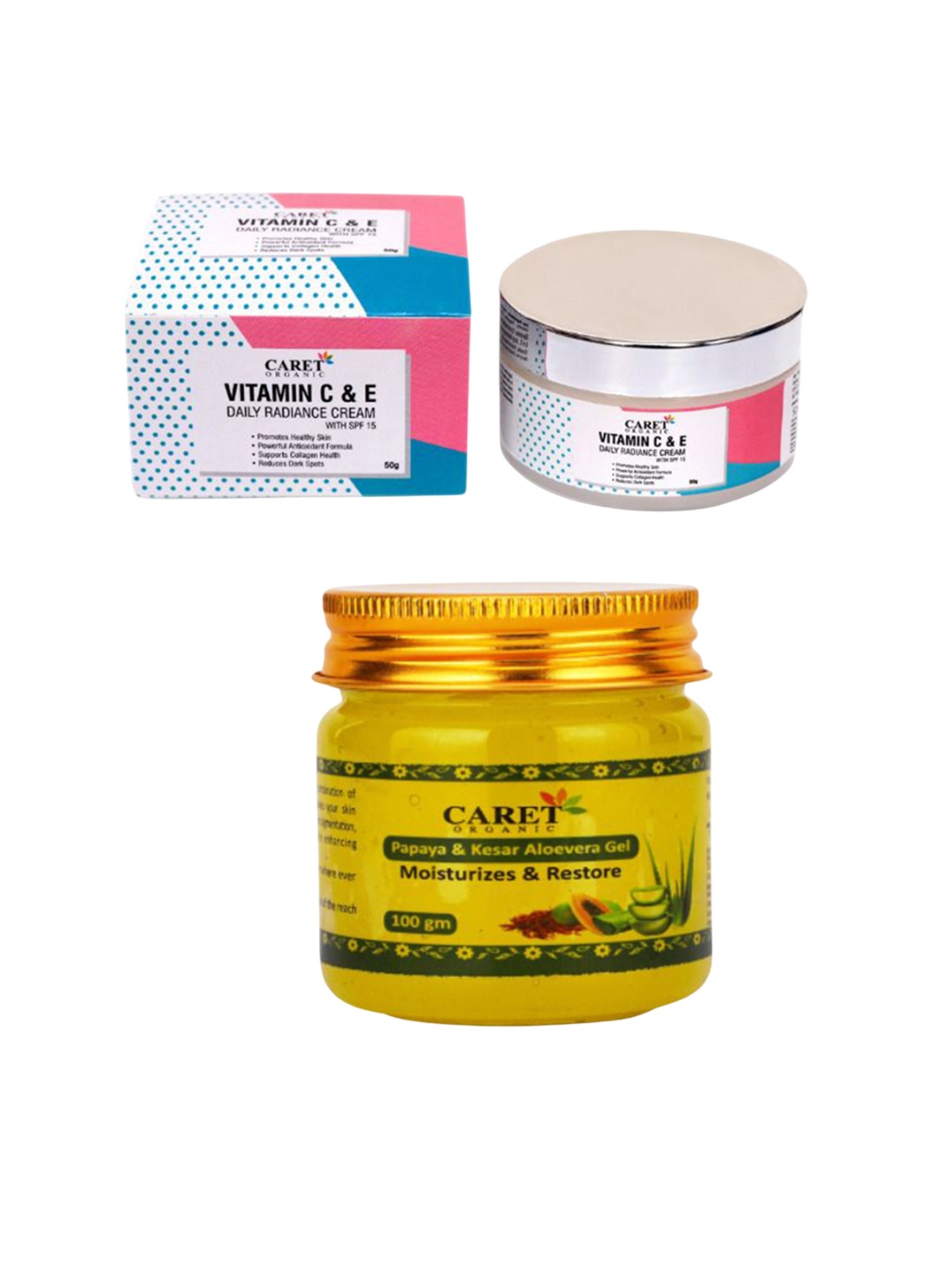 CARET ORGANIC Set Of 2 Vitamin C Radiance Cream - 50 g & Kesar Aloevera Gel - 100 g, White
CARET ORGANIC Set Of 2 Vitamin C Radiance Cream - 50 g & Kesar Aloevera Gel - 100 g, White