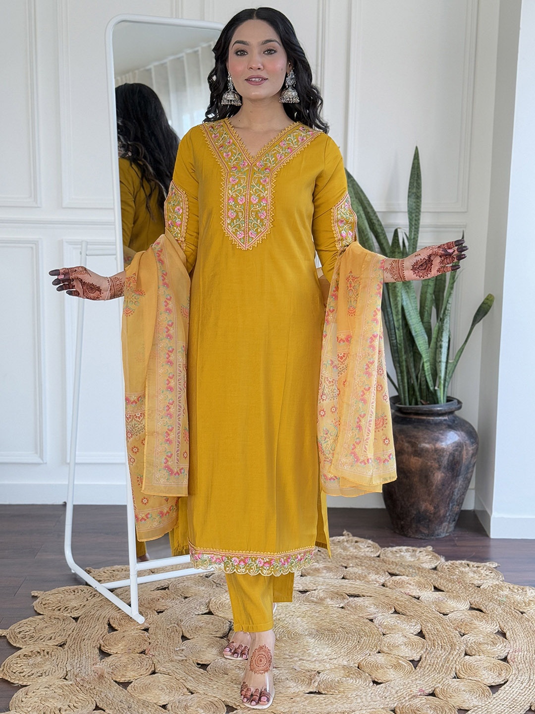 KALINI Women Floral Embroidered Regular Thread Work Kurta with Trousers & With Dupatta, Mustard
KALINI Women Floral Embroidered Regular Thread Work Kurta with Trousers & With Dupatta, Mustard