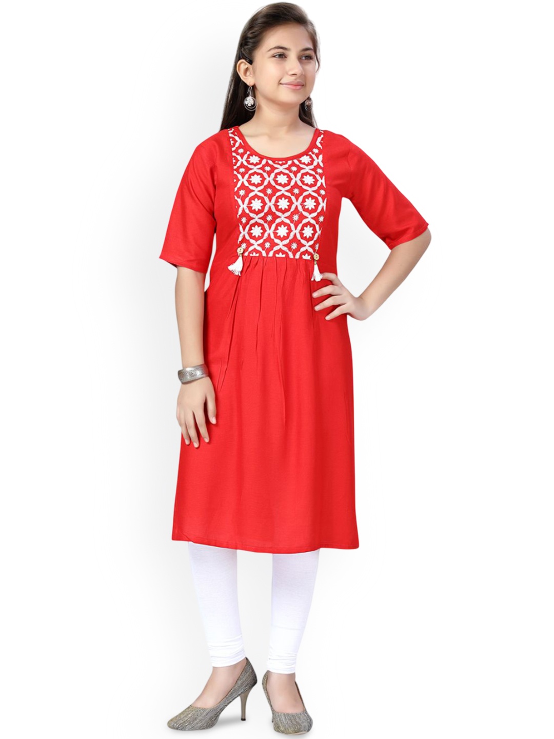 BAESD Girls Floral Embroidered Thread Work Pure Cotton Straight Kurta with Leggings, Red
BAESD Girls Floral Embroidered Thread Work Pure Cotton Straight Kurta with Leggings, Red