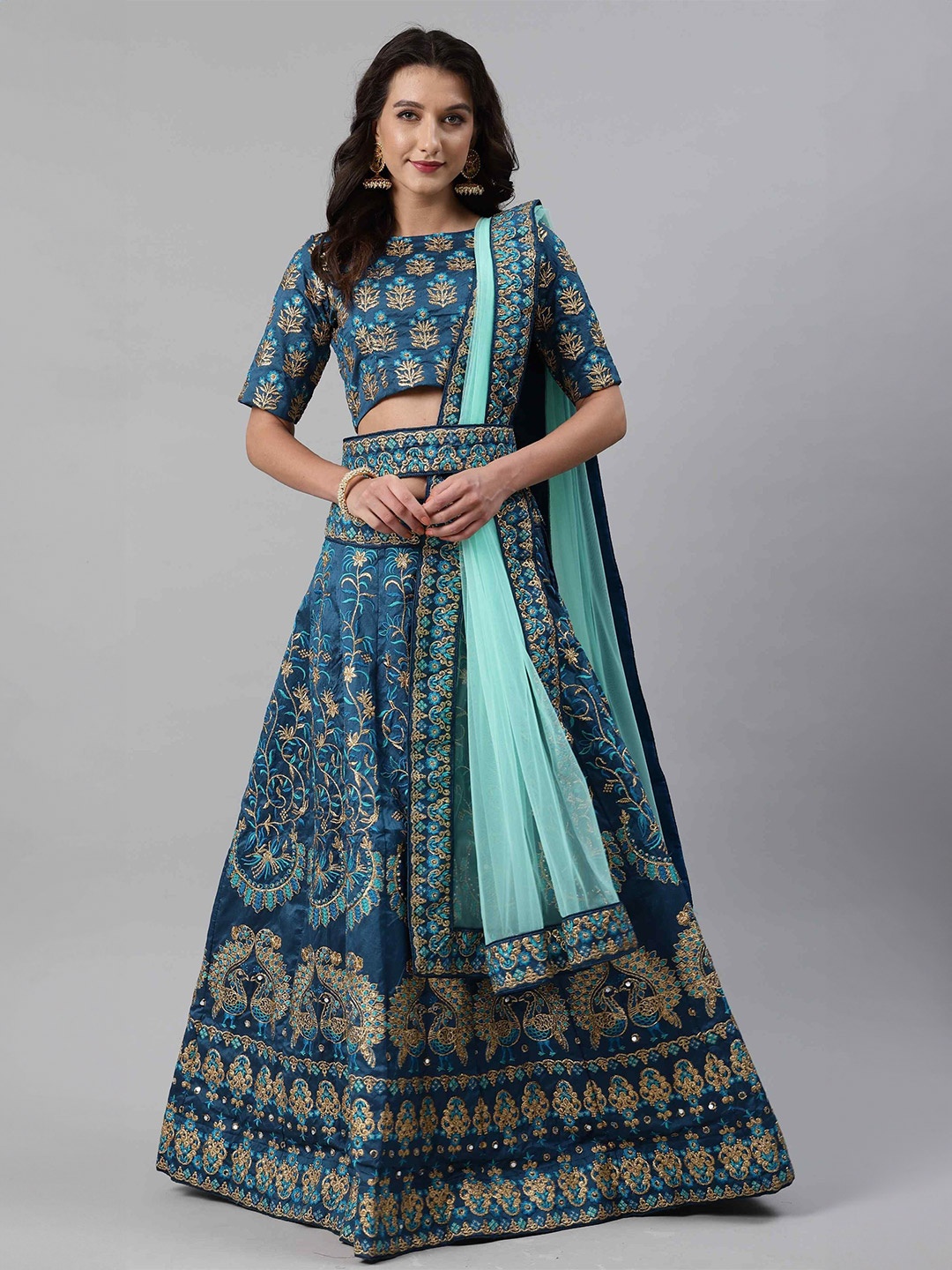 DIVINE EXIM Embroidered Thread Work Semi-Stitched Lehenga & Unstitched Blouse With Dupatta, Turquoise blue
DIVINE EXIM Embroidered Thread Work Semi-Stitched Lehenga & Unstitched Blouse With Dupatta, Turquoise blue