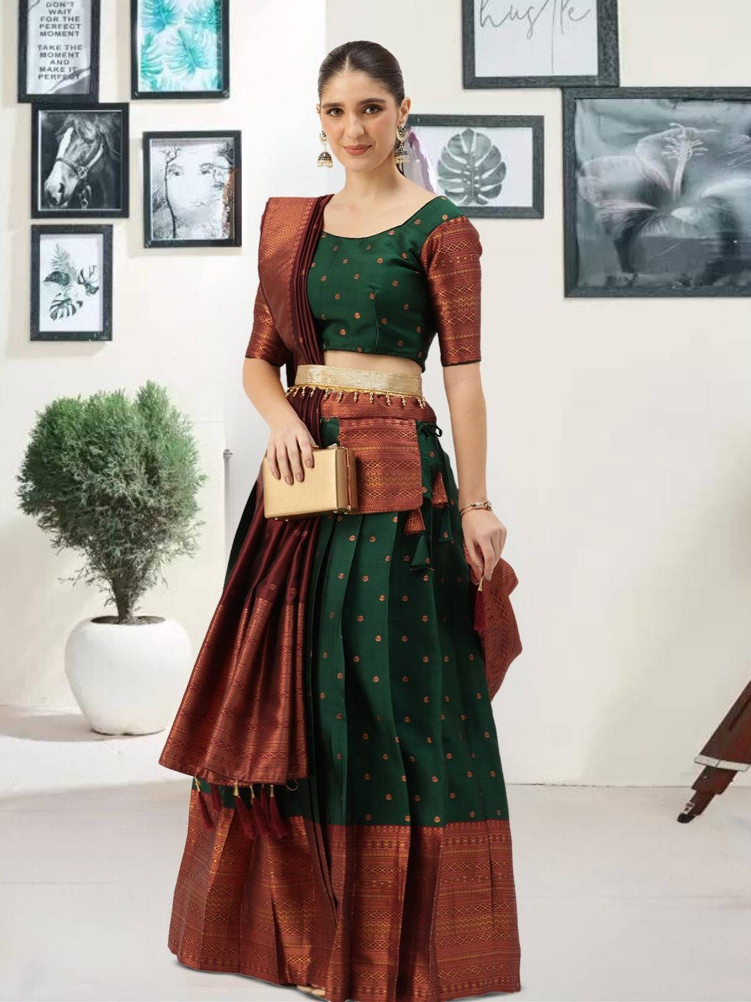MAGMINA Woven Design Zari Semi-Stitched Lehenga & Unstitched Blouse With Dupatta & Belt, Green 
MAGMINA Woven Design Zari Semi-Stitched Lehenga & Unstitched Blouse With Dupatta & Belt, Green