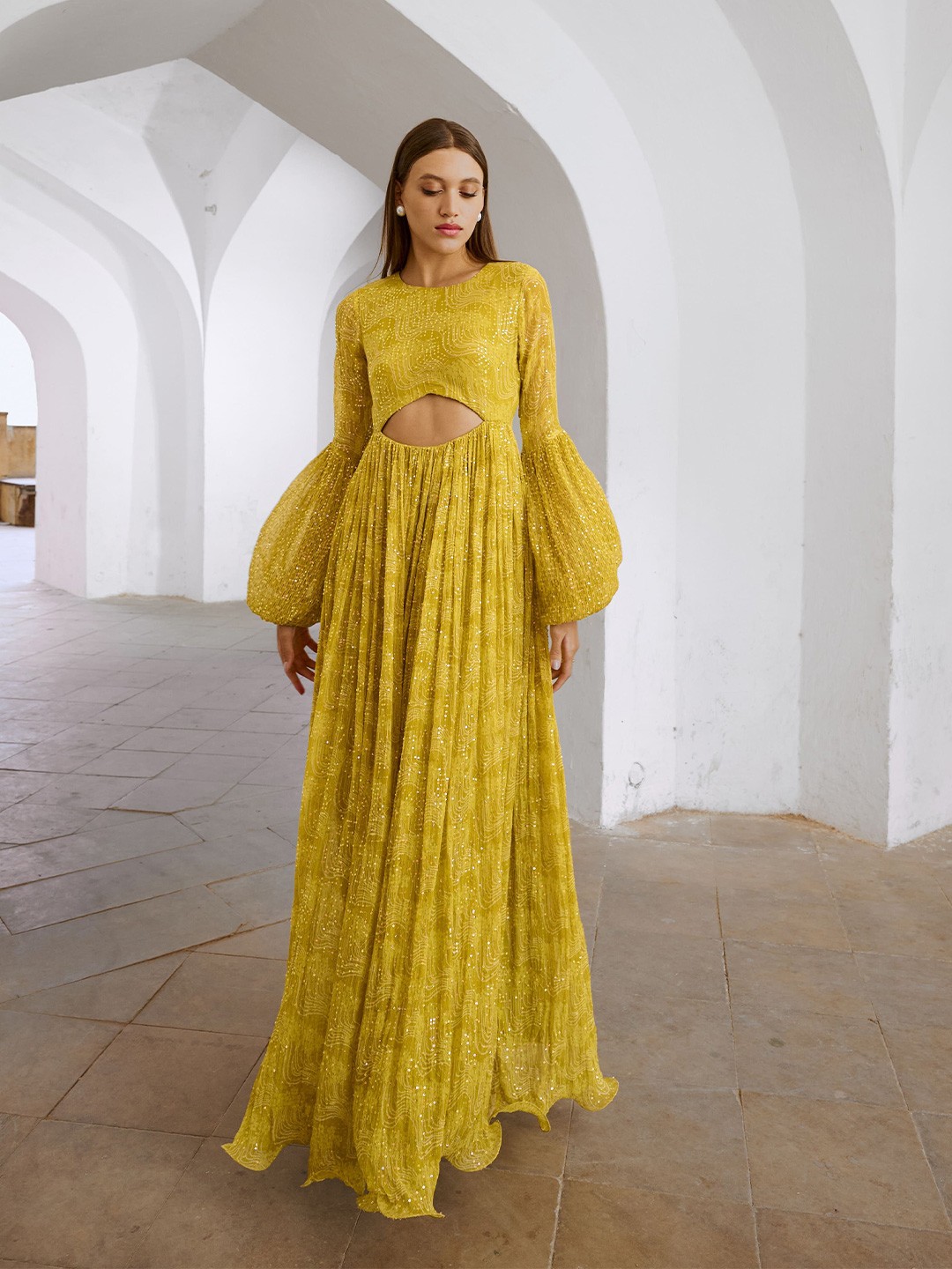 Pallavi Jaipur Gulbahar Abstract Embellished Sequinned Peekaboo Waist Maxi Ethnic Dress, Lime green
Pallavi Jaipur Gulbahar Abstract Embellished Sequinned Peekaboo Waist Maxi Ethnic Dress, Lime green