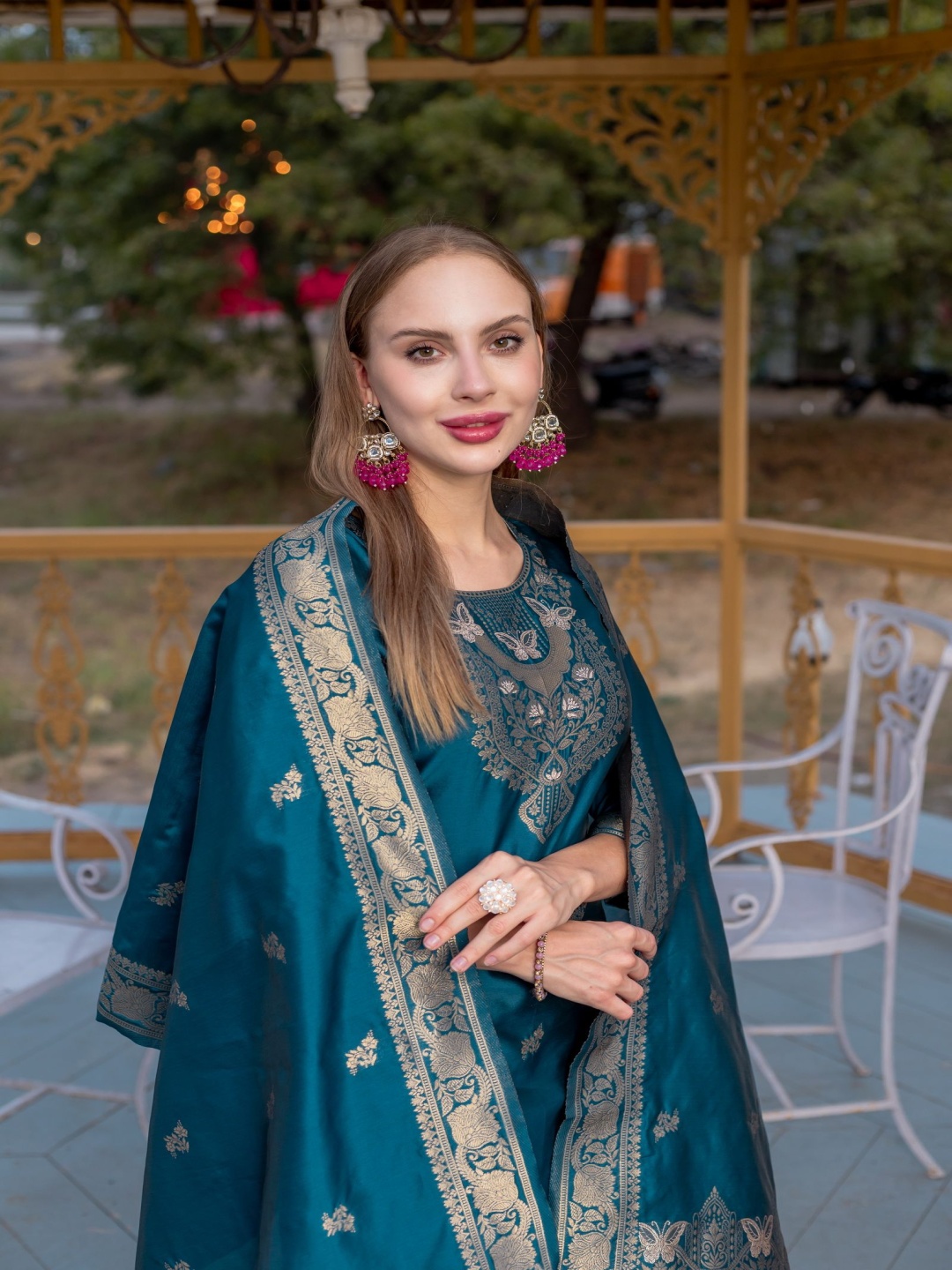 Divyadham Textiles Woven Design Round Neck Pure Cotton Kurta With Trouser And Dupatta, Turquoise blue
Divyadham Textiles Woven Design Round Neck Pure Cotton Kurta With Trouser And Dupatta, Turquoise blue