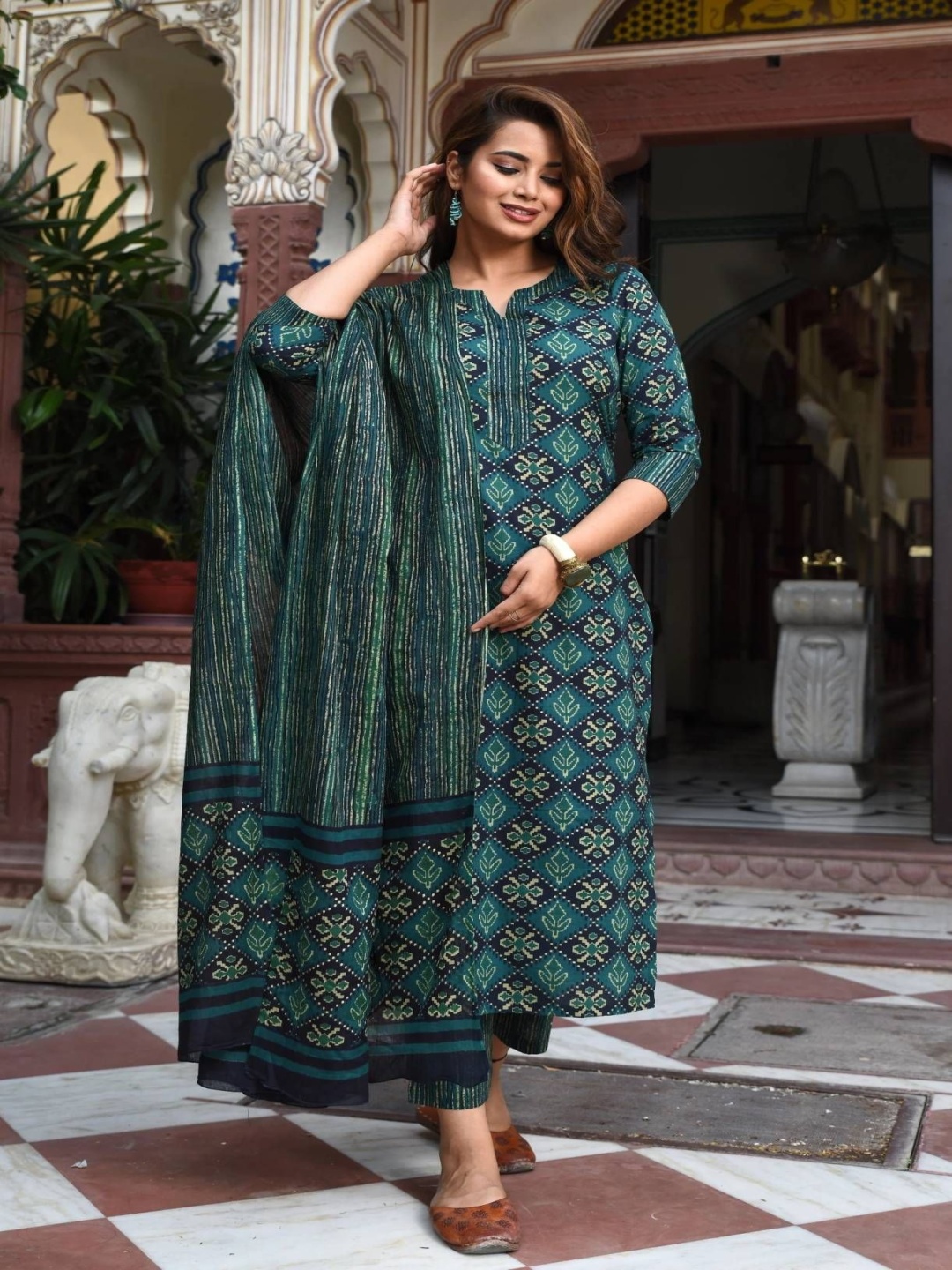 Lookmark Ethnic Motifs Printed Notch Neck Straight Kurta With Trousers And Dupatta, Teal
Lookmark Ethnic Motifs Printed Notch Neck Straight Kurta With Trousers And Dupatta, Teal