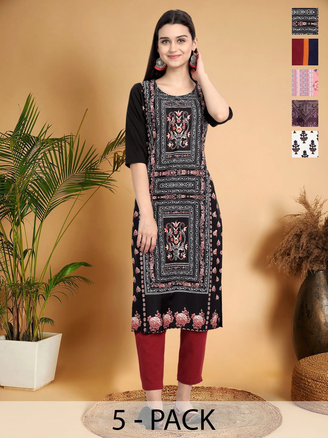 7Threads Selection Of 5 Ethnic Motifs Printed Round Neck Straight Kurtas, Black
7Threads Selection Of 5 Ethnic Motifs Printed Round Neck Straight Kurtas, Black