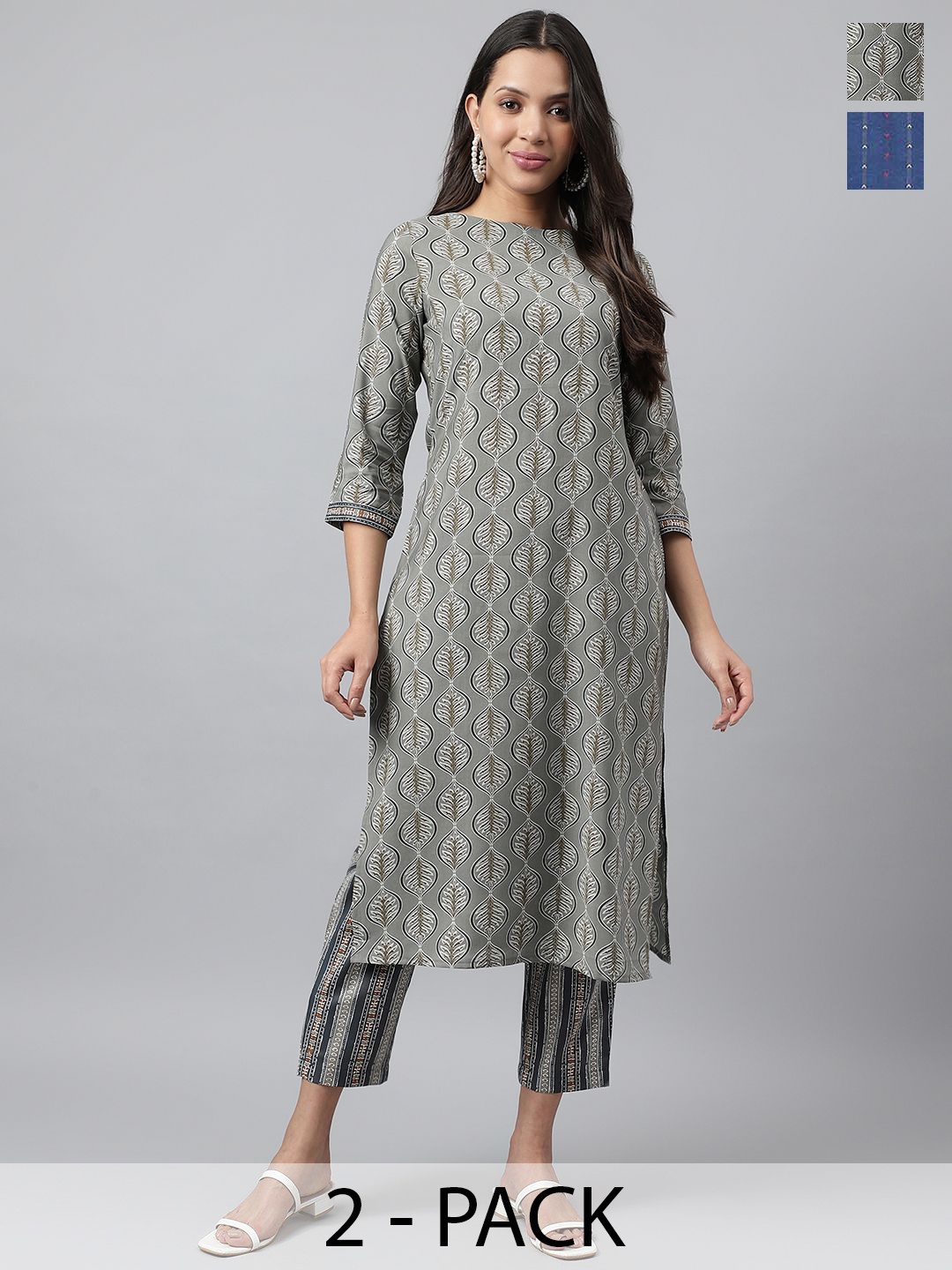 KALINI Selection Of 2 Ethnic Motif Printed Boat Neck Straight Kurtas With Trousers, Grey
KALINI Selection Of 2 Ethnic Motif Printed Boat Neck Straight Kurtas With Trousers, Grey