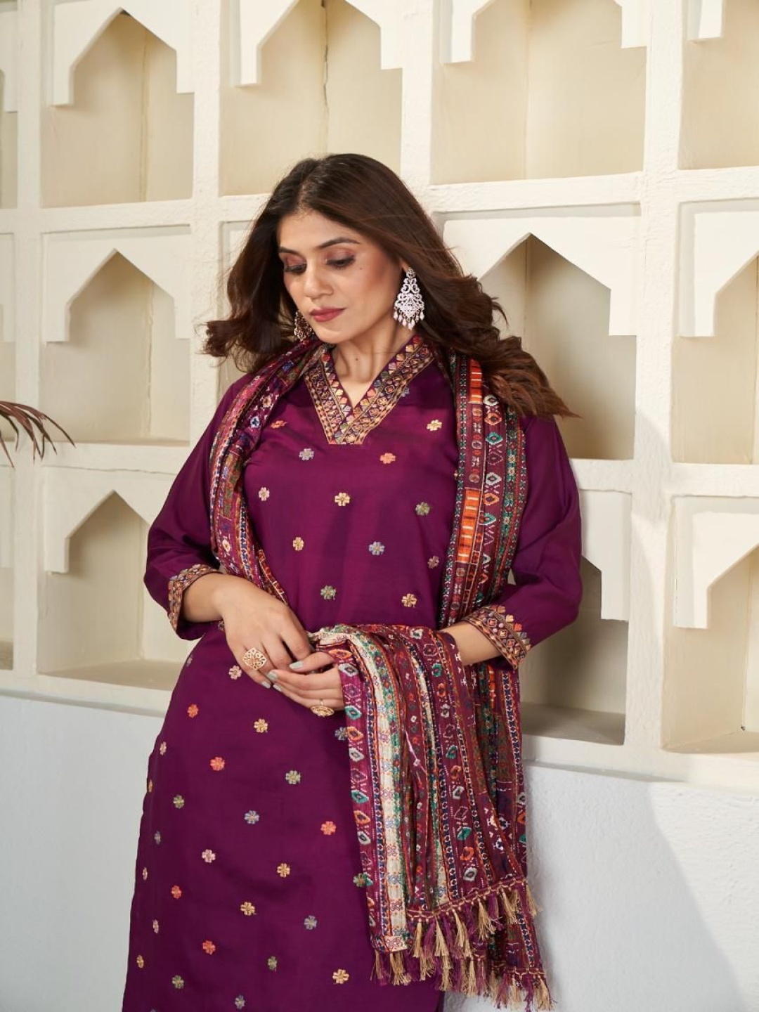 KALINI Ethnic Motifs Embroidered Straight Chanderi Silk Kurta With Trousers And Dupatta, Magenta
KALINI Ethnic Motifs Embroidered Straight Chanderi Silk Kurta With Trousers And Dupatta, Magenta