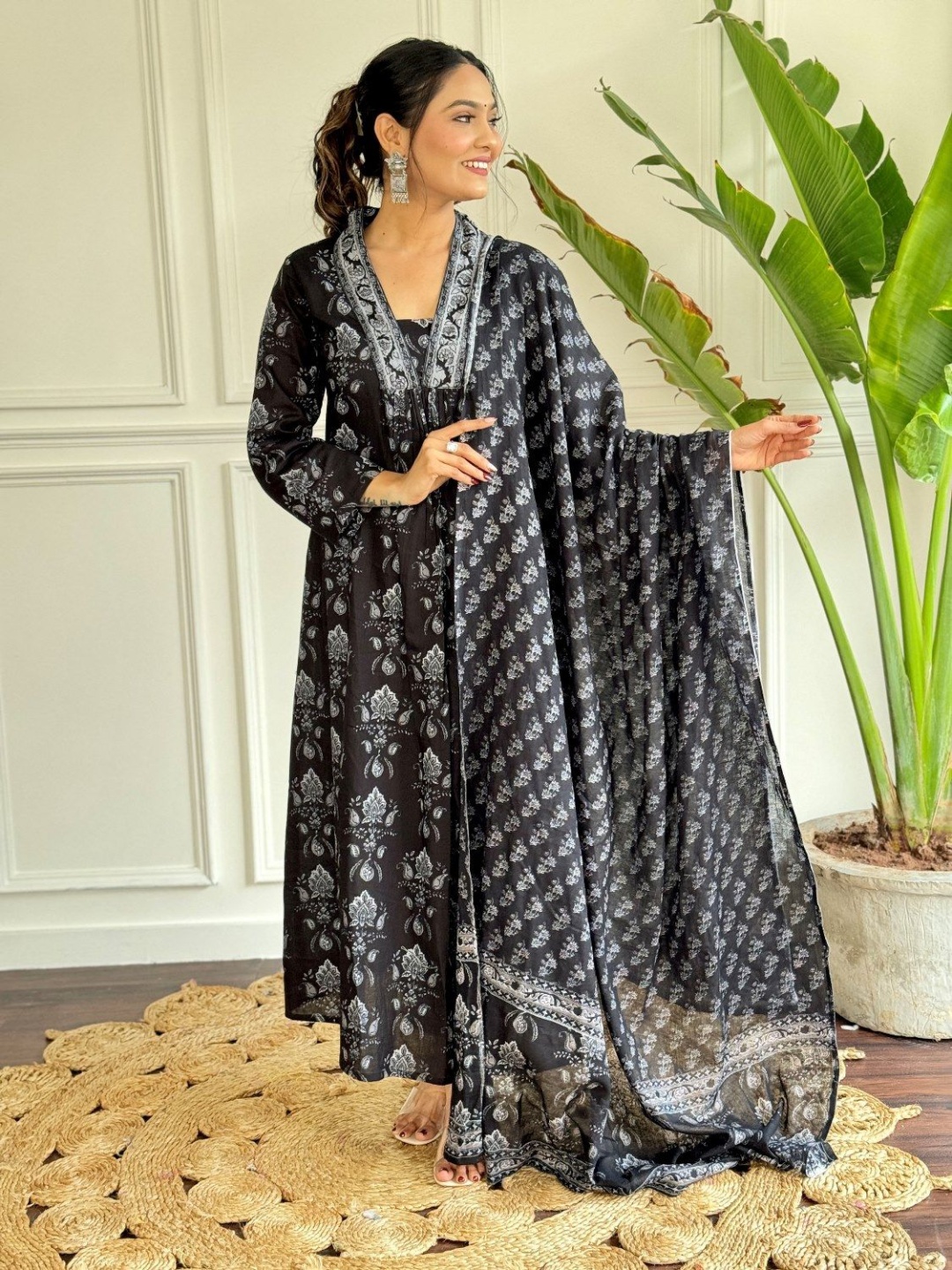 KALINI Ethnic Motif Printed V-Neck Pleated Pure Cotton A-Line Kurta With Trouser & Dupatta, Black
KALINI Ethnic Motif Printed V-Neck Pleated Pure Cotton A-Line Kurta With Trouser & Dupatta, Black