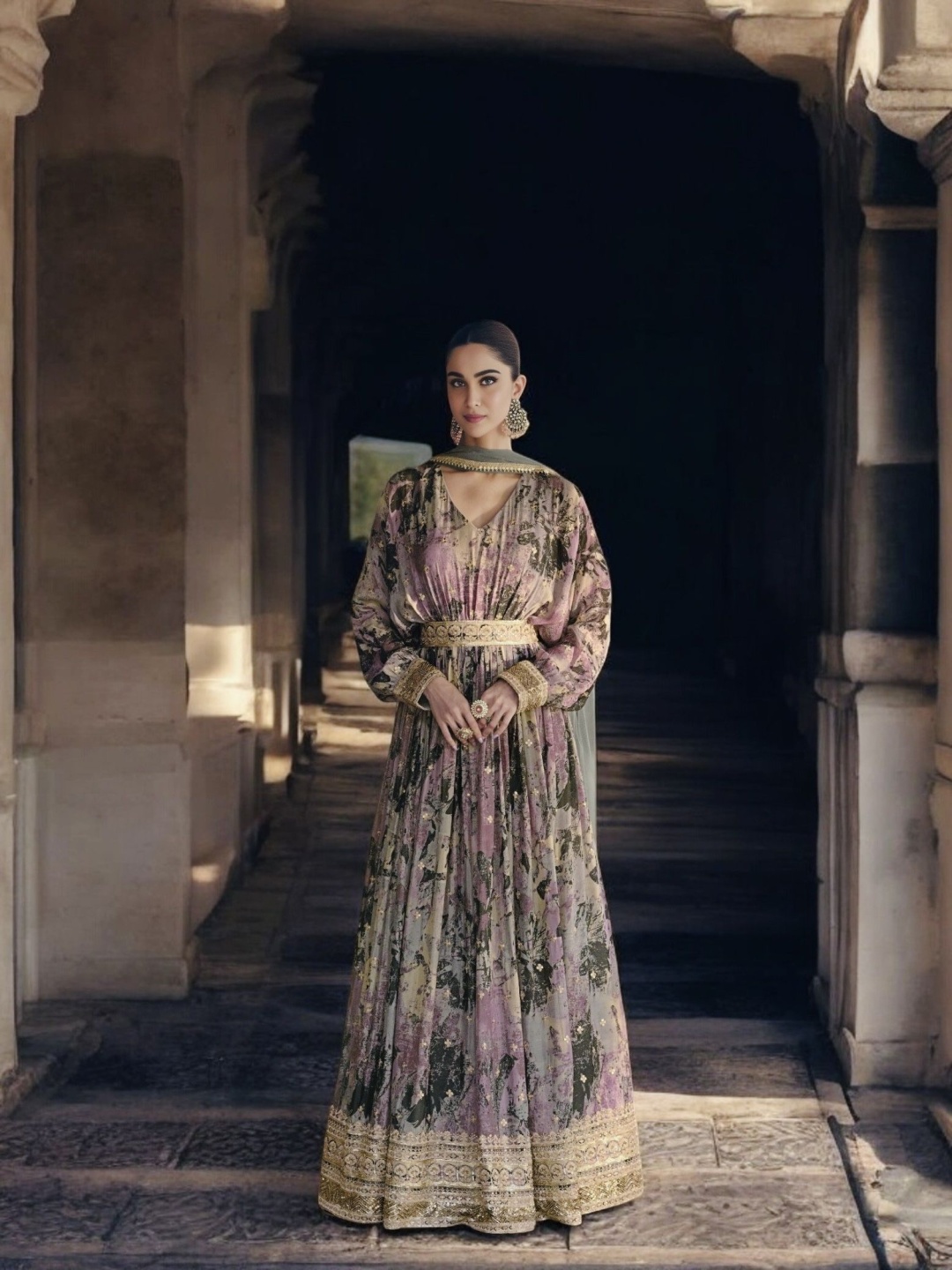 WHATNOT STYLE Floral Printed Sequins Georgette Anarkali Kurta With Dupatta & Belt, Purple
WHATNOT STYLE Floral Printed Sequins Georgette Anarkali Kurta With Dupatta & Belt, Purple