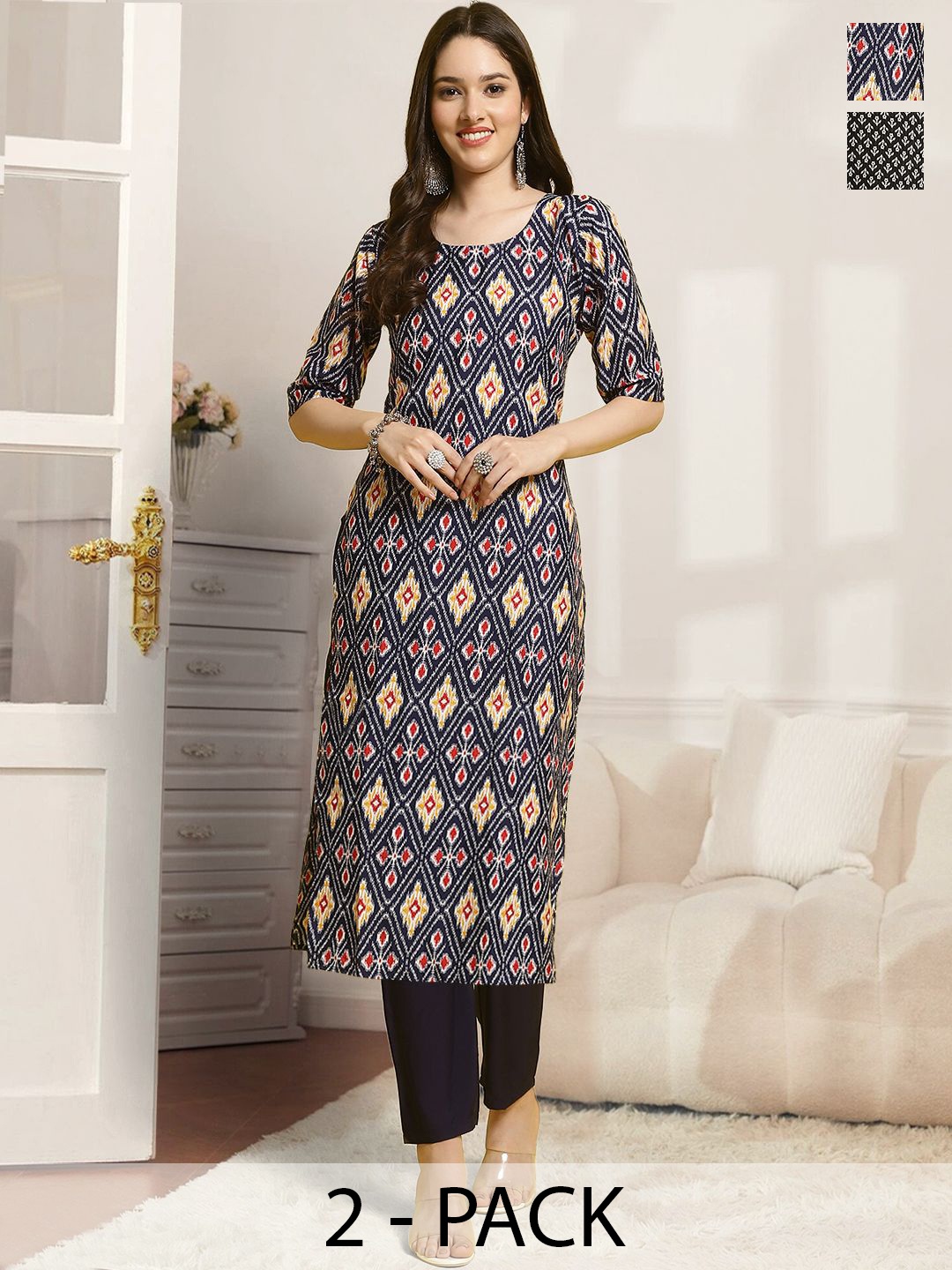 7Threads Selection Of 2 Ethnic Motifs Printed Straight Kurtas With Trousers, Navy blue
7Threads Selection Of 2 Ethnic Motifs Printed Straight Kurtas With Trousers, Navy blue