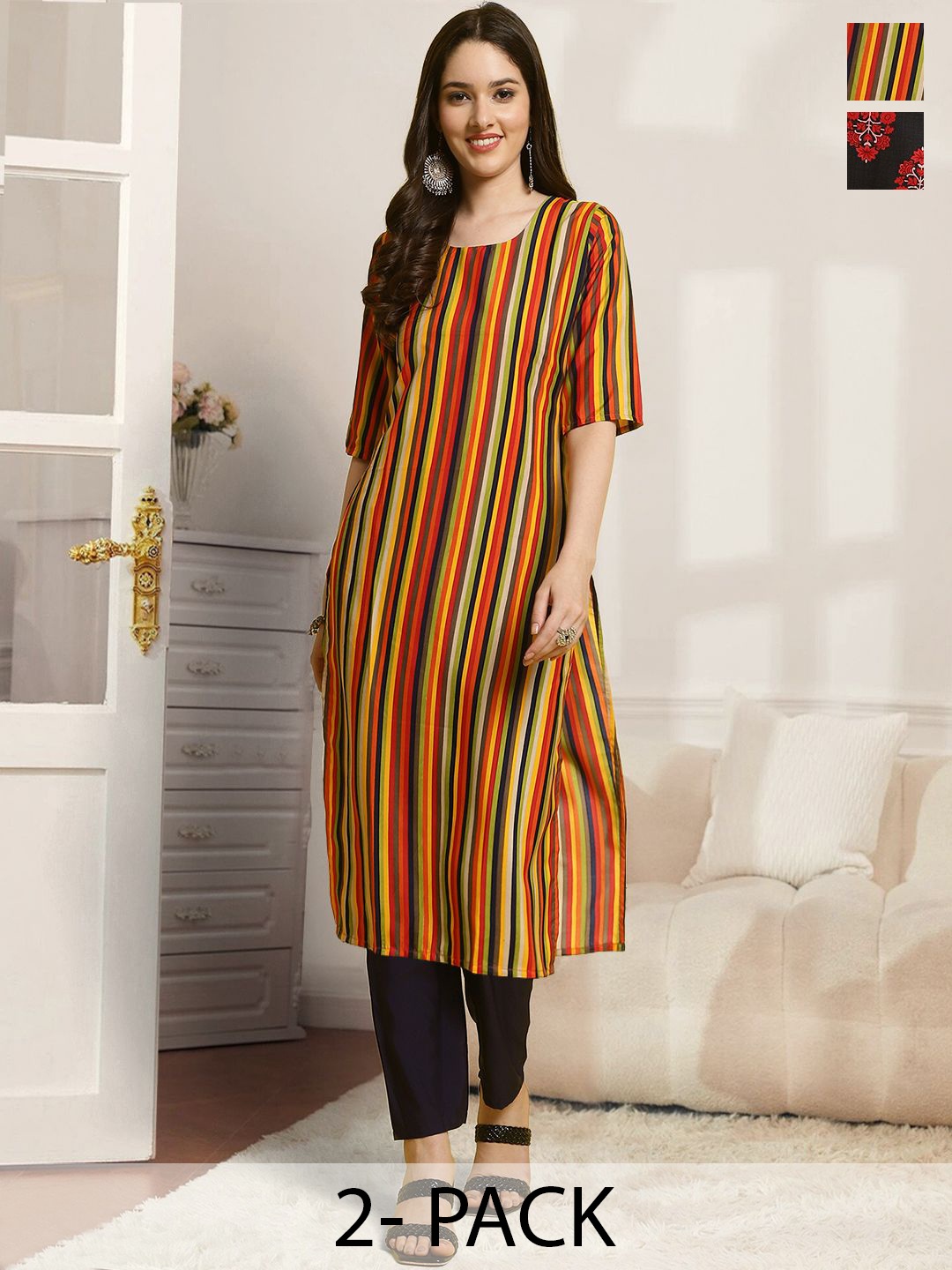 7Threads Selection Of 2 Striped Printed Round Neck Straight Kurtas With Trousers, Black
7Threads Selection Of 2 Striped Printed Round Neck Straight Kurtas With Trousers, Black