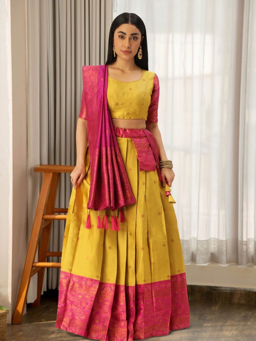MAGMINA Woven Design Zari Semi-Stitched Lehenga & Unstitched Blouse With Dupatta & Belt, Yellow
MAGMINA Woven Design Zari Semi-Stitched Lehenga & Unstitched Blouse With Dupatta & Belt, Yellow