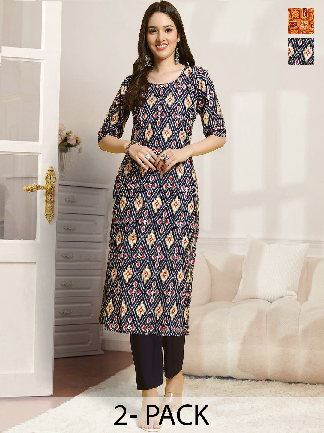 7Threads Selection Of 2 Ethnic Motifs Printed Round Neck Straight Kurtas With Trousers, Navy blue
7Threads Selection Of 2 Ethnic Motifs Printed Round Neck Straight Kurtas With Trousers, Navy blue
