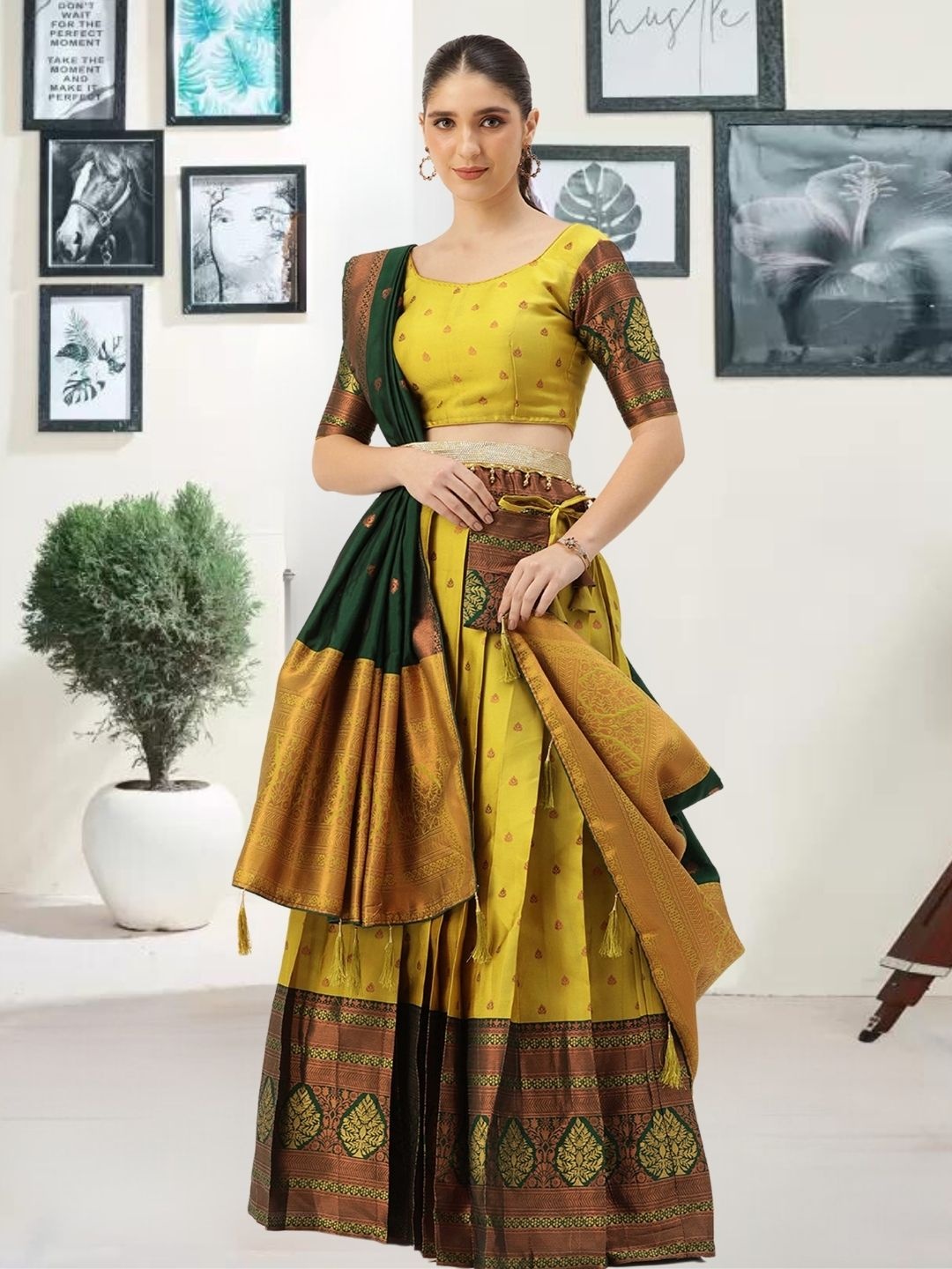 MAGMINA Woven Design Zari Semi-Stitched Lehenga & Unstitched Blouse With Dupatta & Belt, Yellow
MAGMINA Woven Design Zari Semi-Stitched Lehenga & Unstitched Blouse With Dupatta & Belt, Yellow