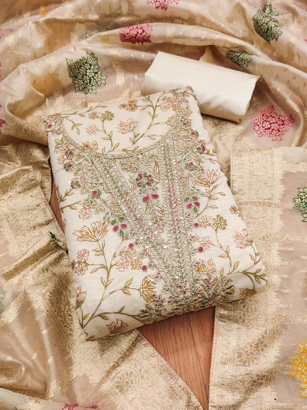 KALINI Floral Foil Printed Embroidered Chanderi Unstitched Dress Material, White
KALINI Floral Foil Printed Embroidered Chanderi Unstitched Dress Material, White