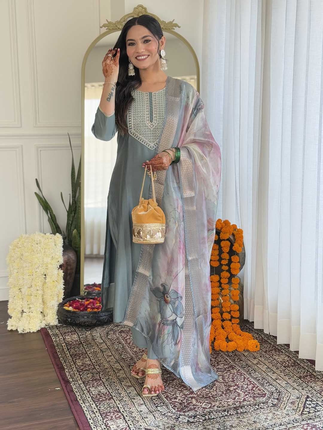 SHOPONBIT Floral Yoke Design Round Neck Sequinned Straight Kurta With Trousers & Dupatta, Sea green
SHOPONBIT Floral Yoke Design Round Neck Sequinned Straight Kurta With Trousers & Dupatta, Sea green