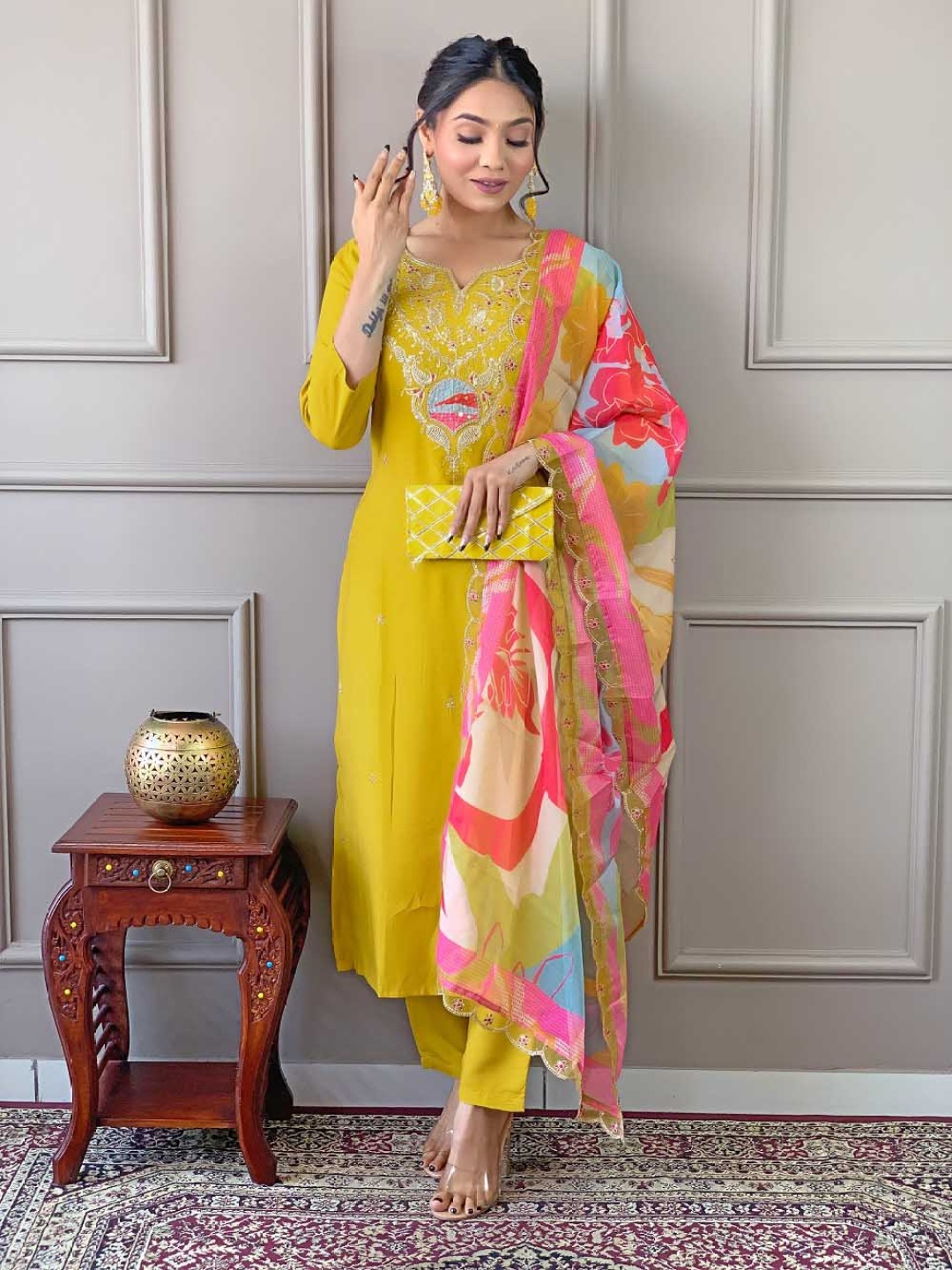 SHOPONBIT Floral Yoke Design Notch Neck Sequinned Straight Kurta With Trousers & Dupatta, Yellow
SHOPONBIT Floral Yoke Design Notch Neck Sequinned Straight Kurta With Trousers & Dupatta, Yellow