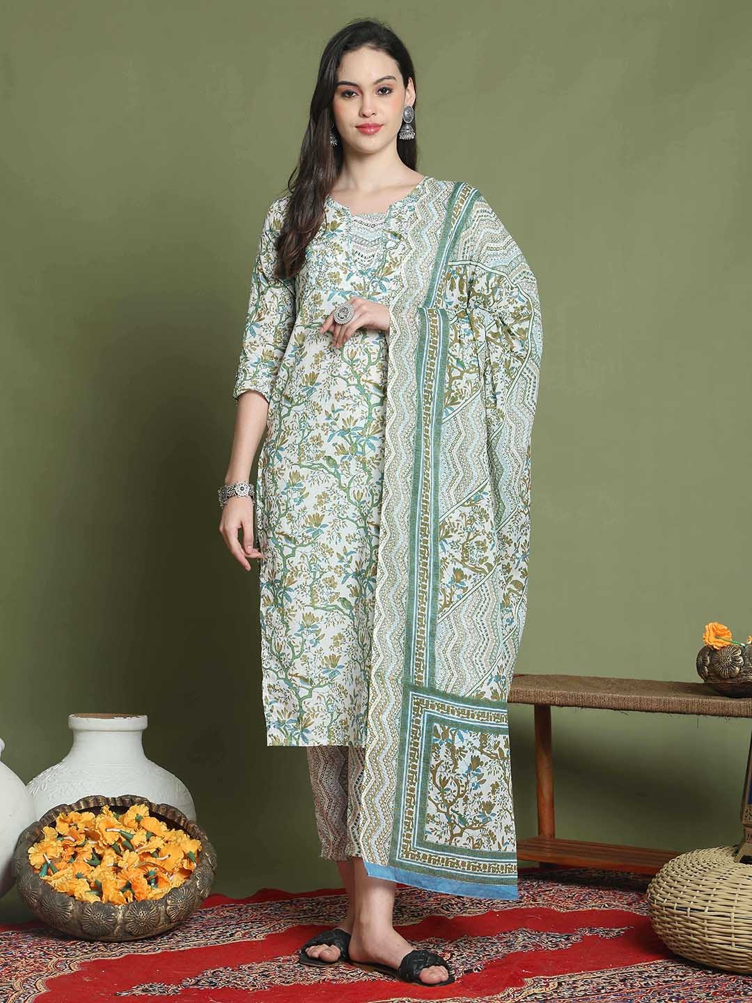 Rajnandini Floral Printed Pure Cotton Straight Kurta With Trousers & Dupatta, Off white
Rajnandini Floral Printed Pure Cotton Straight Kurta With Trousers & Dupatta, Off white