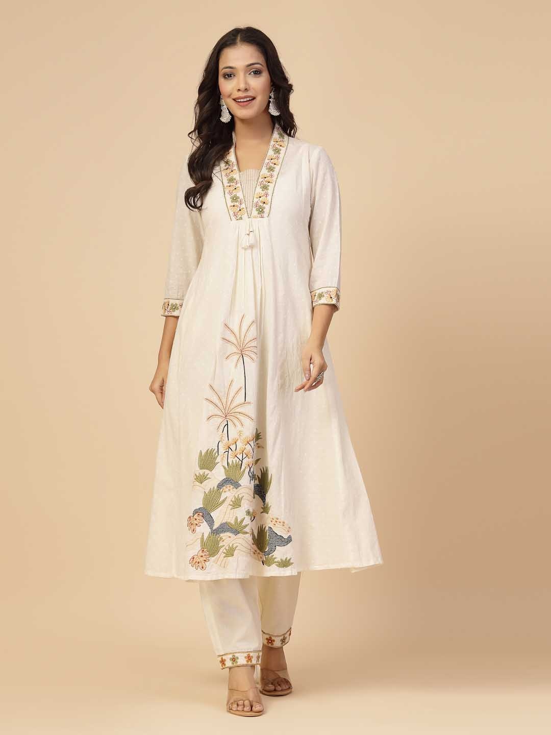 Shangri LA MS Designs Women Floral Embroidered Pure Cotton Kurta with Trouser & Dupatta, Cream
Shangri LA MS Designs Women Floral Embroidered Pure Cotton Kurta with Trouser & Dupatta, Cream