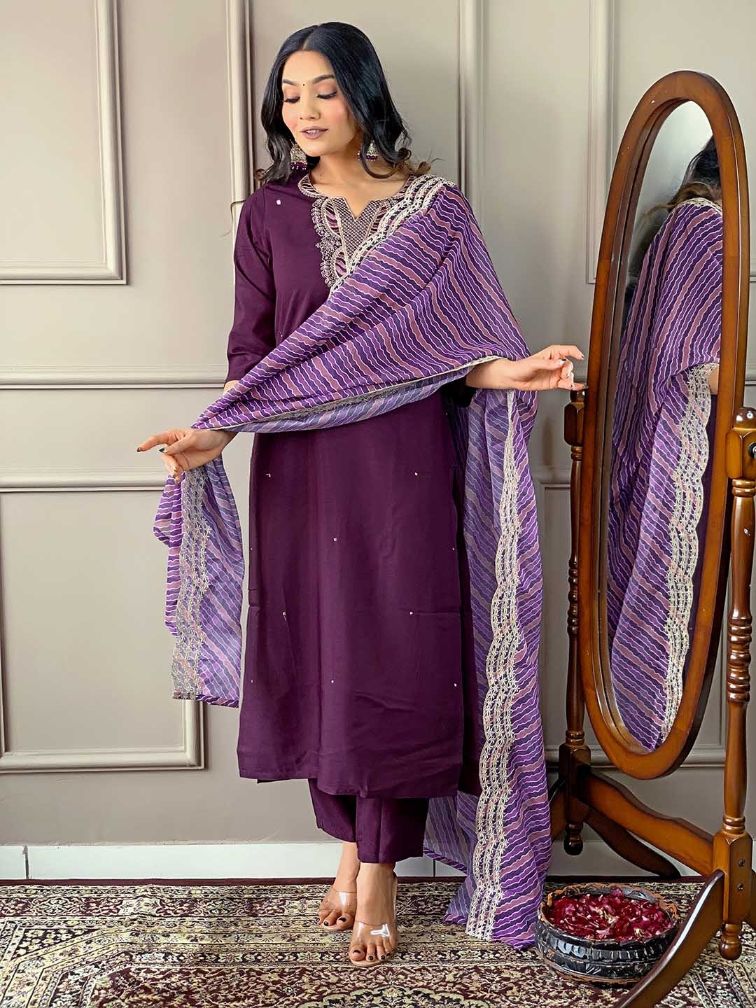 SHOPONBIT Floral Embroidered Notch Neck Thread Work Straight Kurta With Trousers & Dupatta, Violet
SHOPONBIT Floral Embroidered Notch Neck Thread Work Straight Kurta With Trousers & Dupatta, Violet