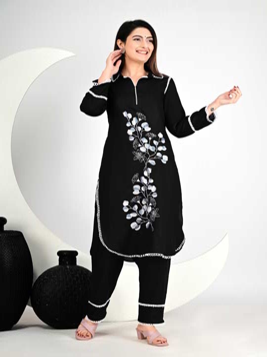 mola ali enterprises Floral Embroidered Shirt Collar Thread Work Kurta With Trouser, Black
mola ali enterprises Floral Embroidered Shirt Collar Thread Work Kurta With Trouser, Black