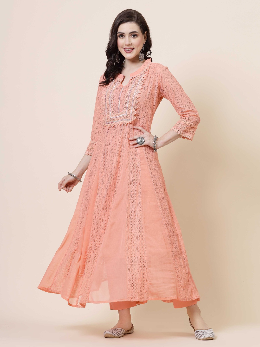 Shangri LA MS Designs Floral Self Design Anarkali Kurta With Trousers & Dupatta, Peach
Shangri LA MS Designs Floral Self Design Anarkali Kurta With Trousers & Dupatta, Peach