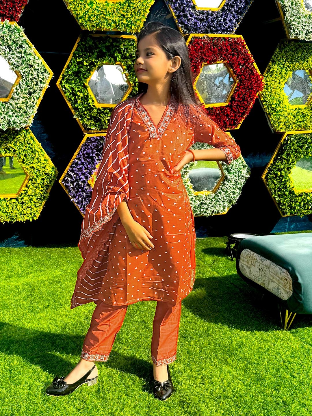 BAESD Girls bandhani Printed Sequinned Straight Kurta With Trousers And Dupatta, Rust
BAESD Girls bandhani Printed Sequinned Straight Kurta With Trousers And Dupatta, Rust