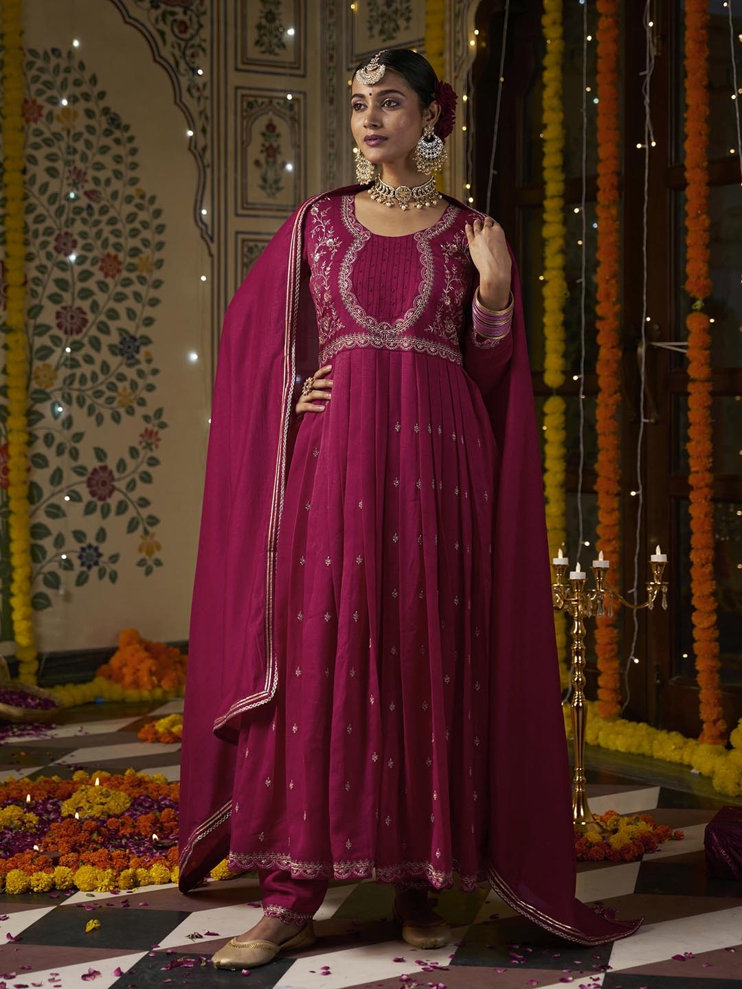 Kvsfab Floral Embroidered Pleated Sequinned Anarkali Kurta with Trousers & Dupatta, Magenta
Kvsfab Floral Embroidered Pleated Sequinned Anarkali Kurta with Trousers & Dupatta, Magenta