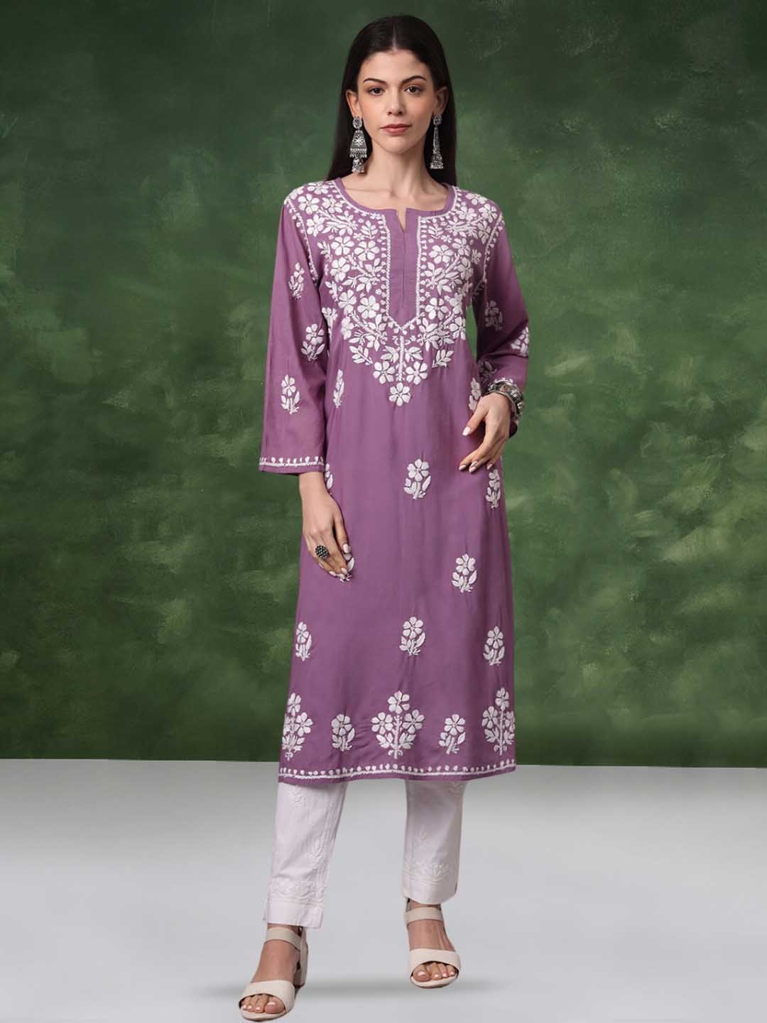 PARAMOUNT CHIKAN Floral Embroidered Chikankari Notch Neck Modal Straight Kurta, Mauve
PARAMOUNT CHIKAN Floral Embroidered Chikankari Notch Neck Modal Straight Kurta, Mauve