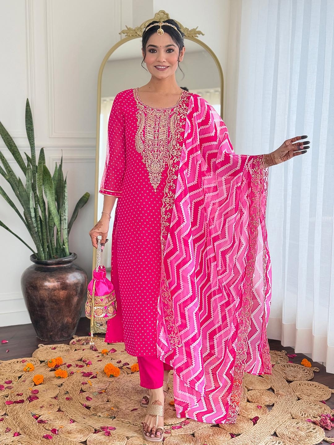 SHOPONBIT Bandhani Printed Round Neck Thread Work Straight Kurta With Trousers & Dupatta, Pink
SHOPONBIT Bandhani Printed Round Neck Thread Work Straight Kurta With Trousers & Dupatta, Pink