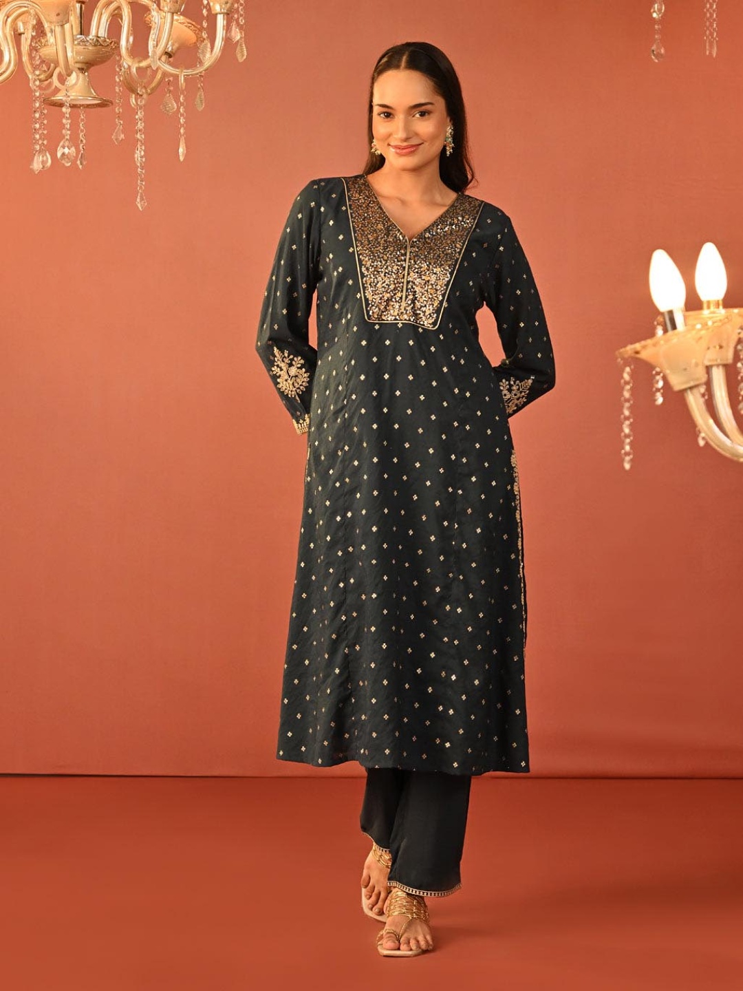 Lakshita Ethnic Motifs Embroidered Sequinned Chanderi Cotton Straight Kurta With Trousers, Blue
Lakshita Ethnic Motifs Embroidered Sequinned Chanderi Cotton Straight Kurta With Trousers, Blue