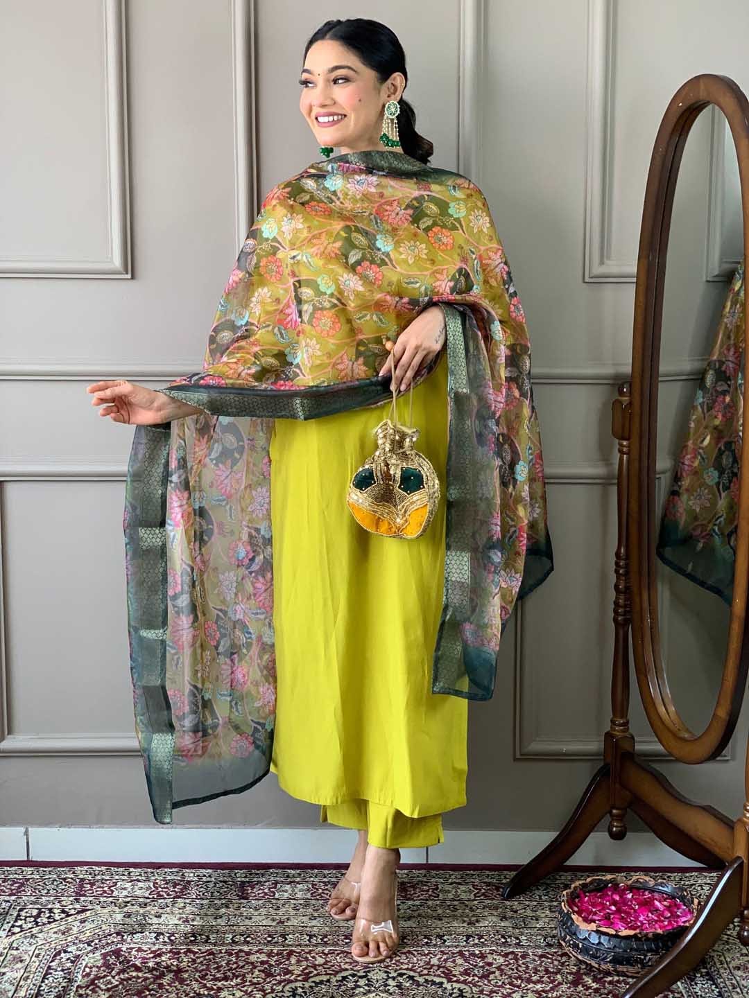 KALINI Women Embroidered Regular Thread Work Kurta with Trousers & With Dupatta, Lime green
KALINI Women Embroidered Regular Thread Work Kurta with Trousers & With Dupatta, Lime green