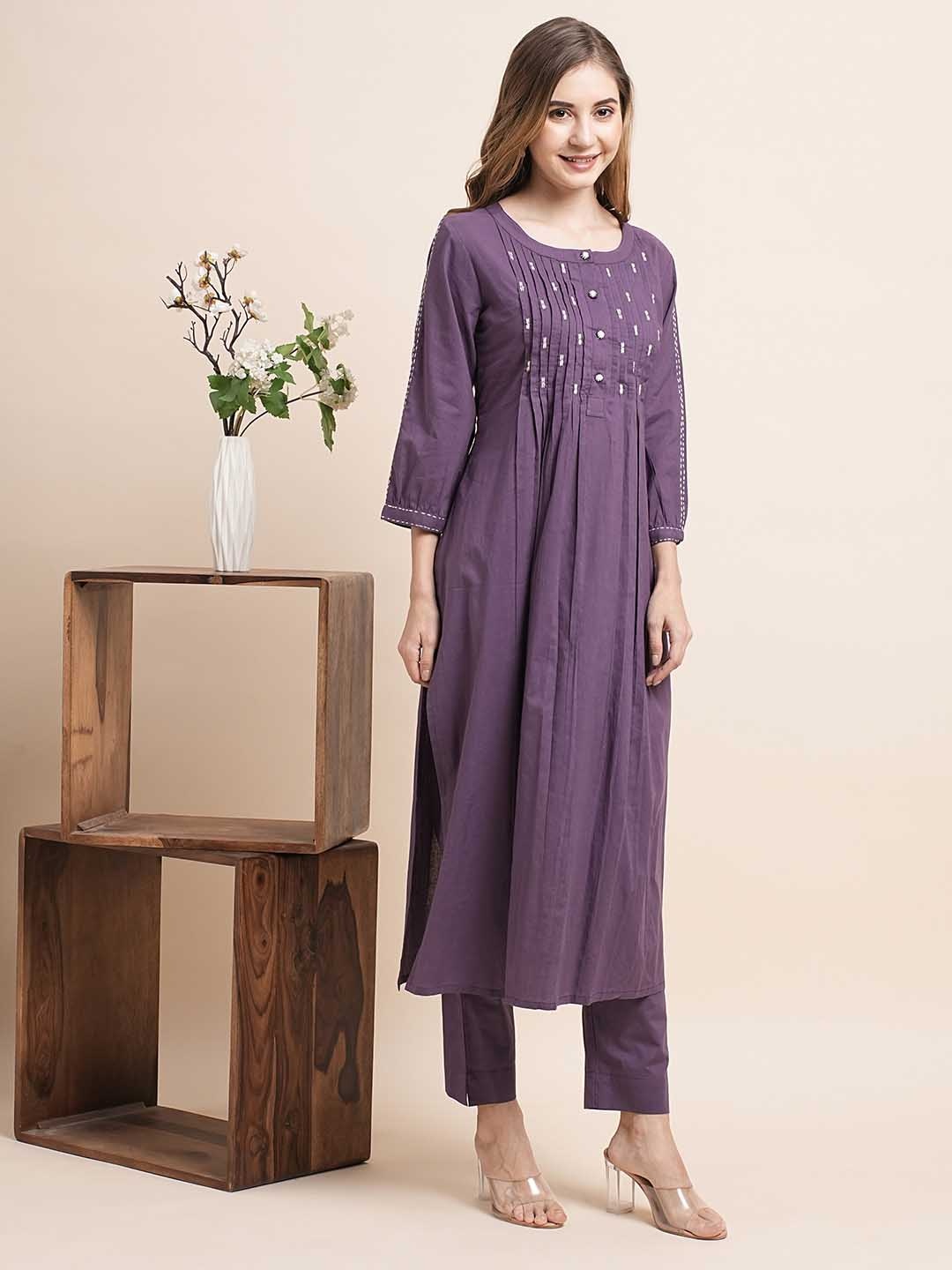 INDYES Floral Printed Round Neck Thread Work Pure Cotton Straight Kurta With Trousers, Purple
INDYES Floral Printed Round Neck Thread Work Pure Cotton Straight Kurta With Trousers, Purple