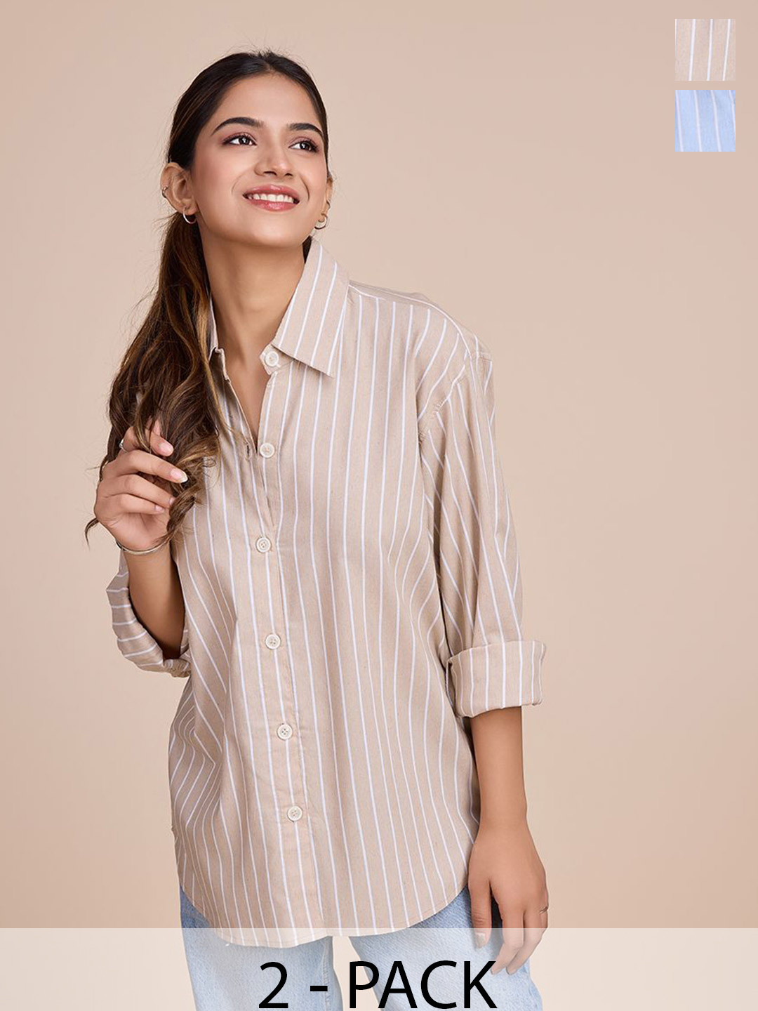 HOUSE OF MIRA Women Pack Of 2 Classic Oversized Fit Vertical Striped Cotton Casual Shirts, Beige
HOUSE OF MIRA Women Pack Of 2 Classic Oversized Fit Vertical Striped Cotton Casual Shirts, Beige