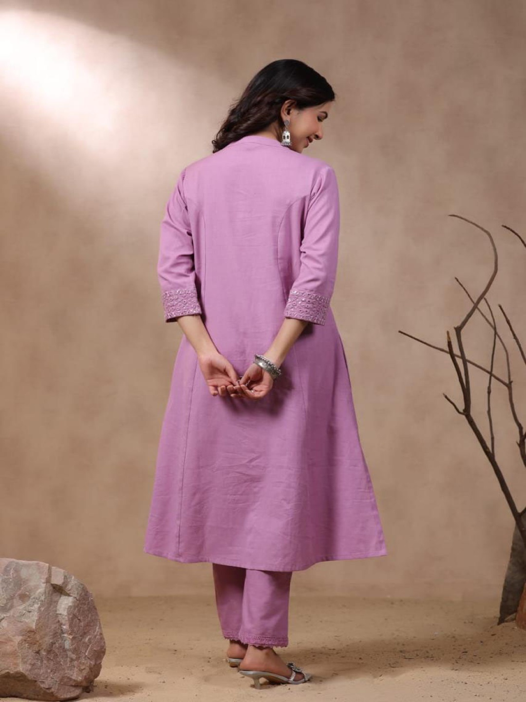 INDYES Embroidered Mandarin Collar Mirror Work Pure Cotton A-Line Kurta With Trousers, Lavender
INDYES Embroidered Mandarin Collar Mirror Work Pure Cotton A-Line Kurta With Trousers, Lavender