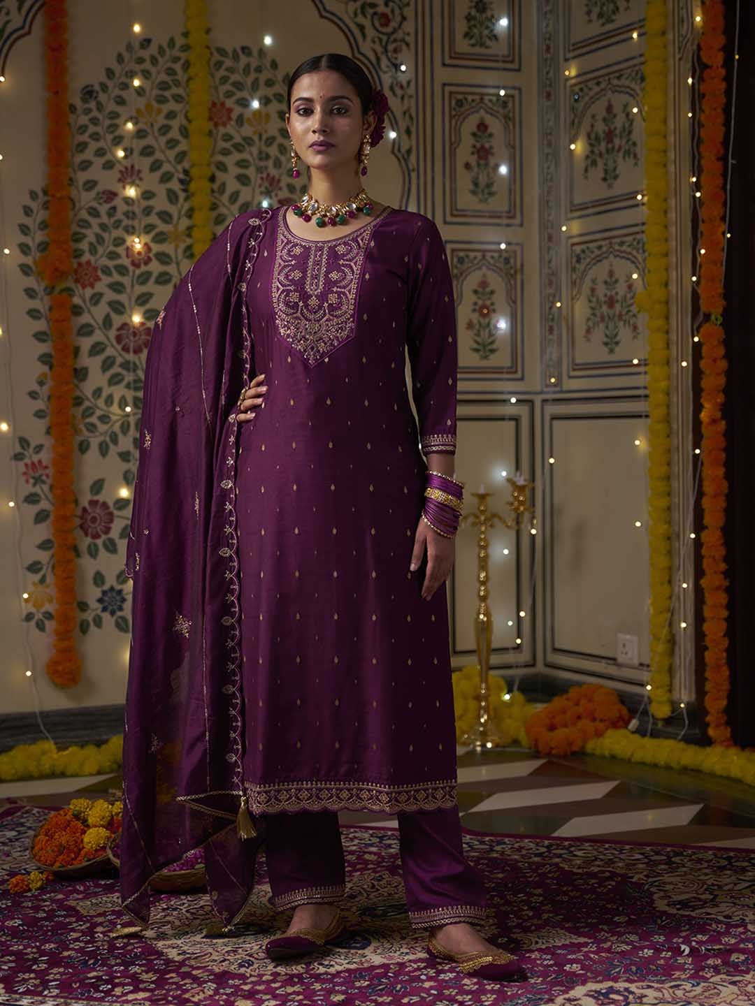 Kvsfab Floral Embroidered Mirror Work Straight Kurta with Trousers & Dupatta, Magenta
Kvsfab Floral Embroidered Mirror Work Straight Kurta with Trousers & Dupatta, Magenta