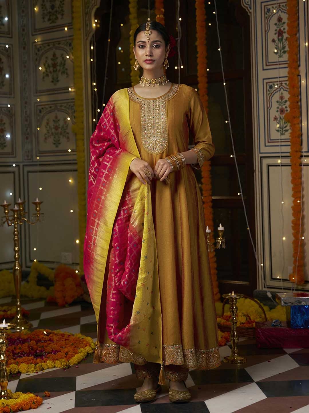 Kvsfab Floral Embroidered Pleated Sequinned A-Line Kurta with Trousers & Dupatta, Mustard
Kvsfab Floral Embroidered Pleated Sequinned A-Line Kurta with Trousers & Dupatta, Mustard