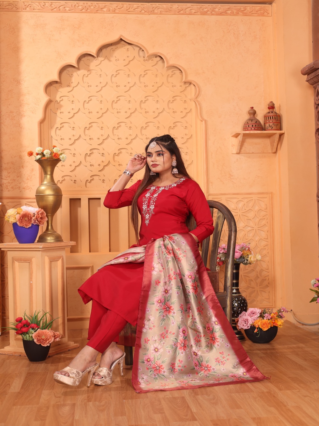 Maheesha Floral Yoke Design Round Neck Beads Work Straight Kurta With Trouser & Dupatta, Red
Maheesha Floral Yoke Design Round Neck Beads Work Straight Kurta With Trouser & Dupatta, Red