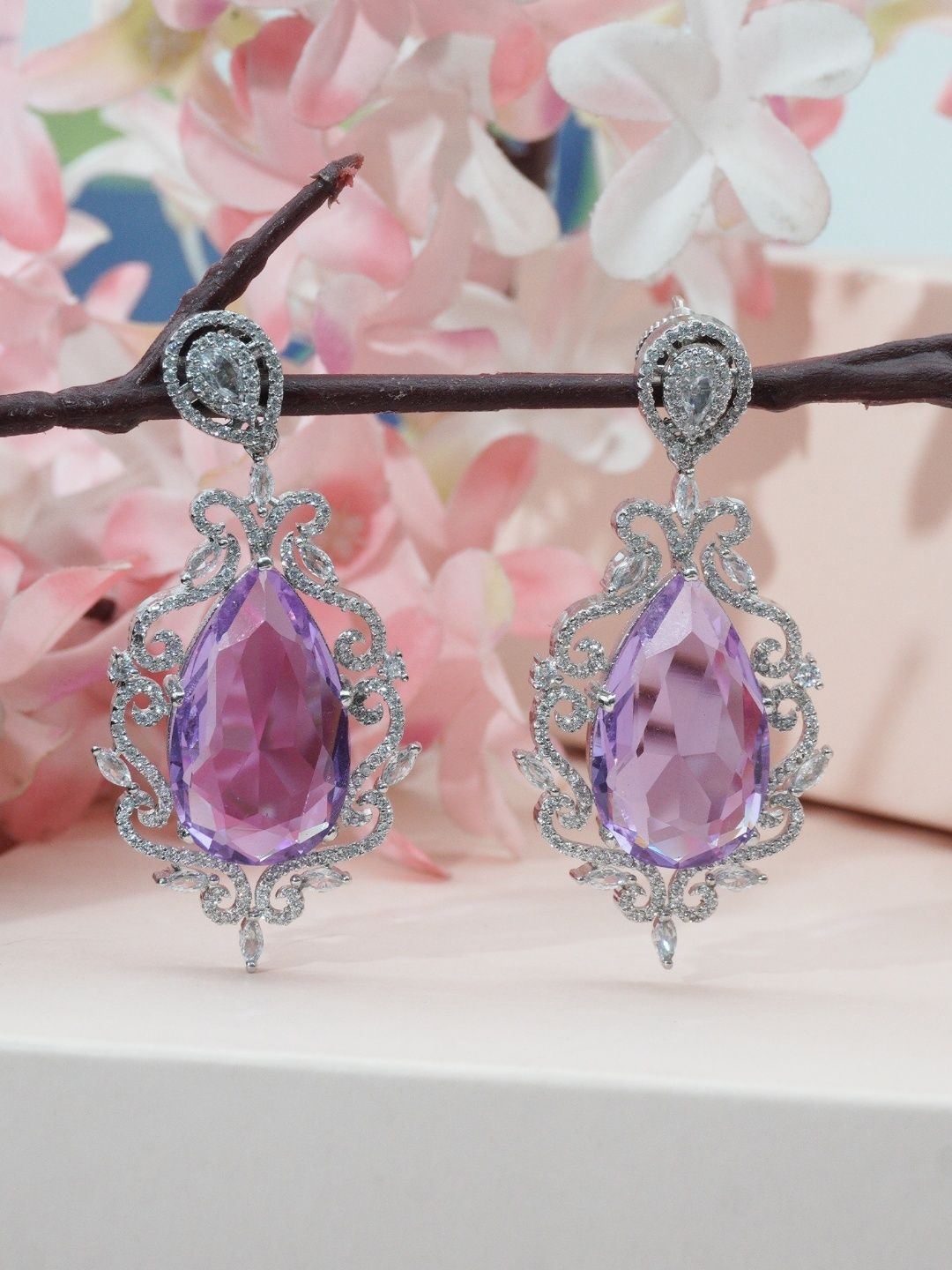 Niscka Rhodium-Plated American Diamond Stones Studded Contemporary Shaped Drop Earrings, Purple
Niscka Rhodium-Plated American Diamond Stones Studded Contemporary Shaped Drop Earrings, Purple