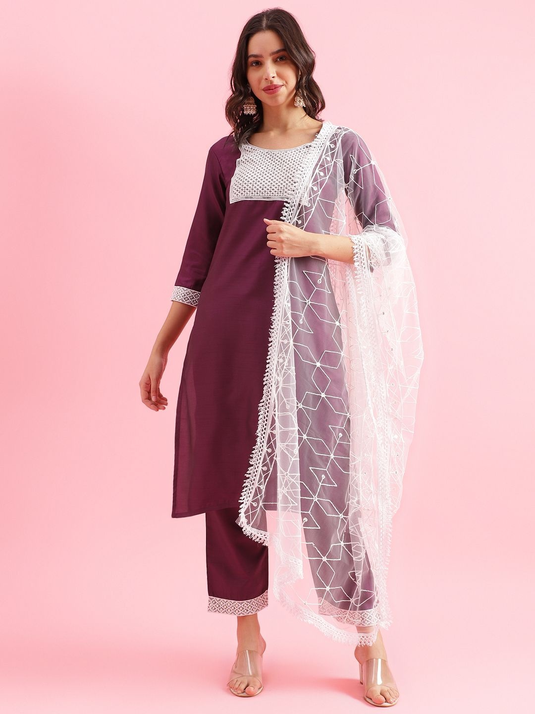 Fourleaf Floral Embroidered Round Neck Sequined Work Kurta With Trousers And Dupatta, Violet
Fourleaf Floral Embroidered Round Neck Sequined Work Kurta With Trousers And Dupatta, Violet