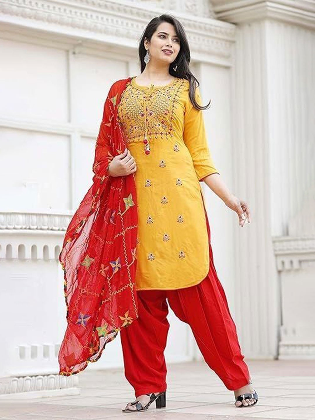 13-Star Floral Embroidered Round Neck Mirror Work Straight Kurta With Salwar & Dupatta, Yellow
13-Star Floral Embroidered Round Neck Mirror Work Straight Kurta With Salwar & Dupatta, Yellow