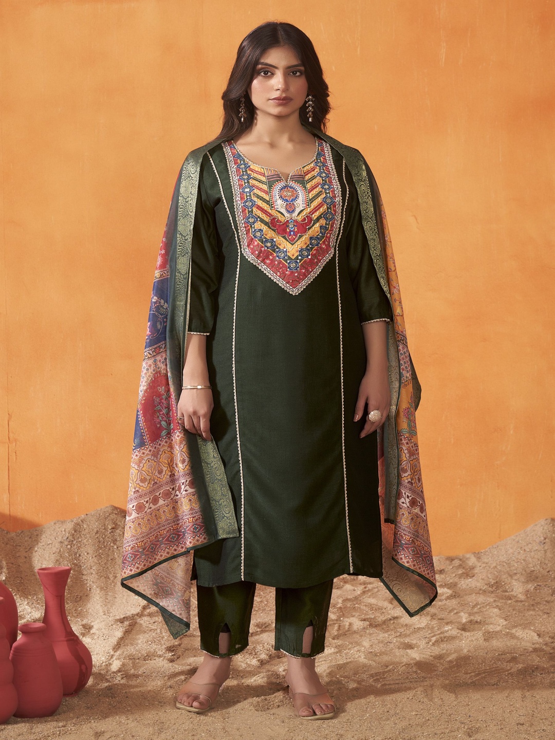 Anouk Green Yoke Design Notch Neck Sequinned Straight Kurta With Trousers & Dupatta
Anouk Green Yoke Design Notch Neck Sequinned Straight Kurta With Trousers & Dupatta