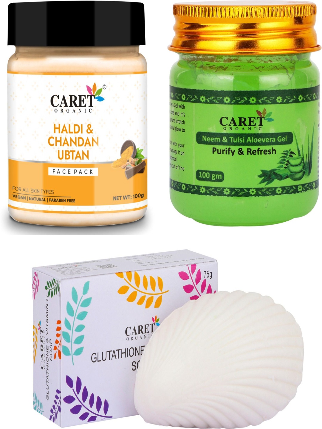 CARET ORGANIC Set Of 3 Chandan Face Pack 100 g, Glutathione Soap 75 g & Aloevera Gel 100 g, White
CARET ORGANIC Set Of 3 Chandan Face Pack 100 g, Glutathione Soap 75 g & Aloevera Gel 100 g, White