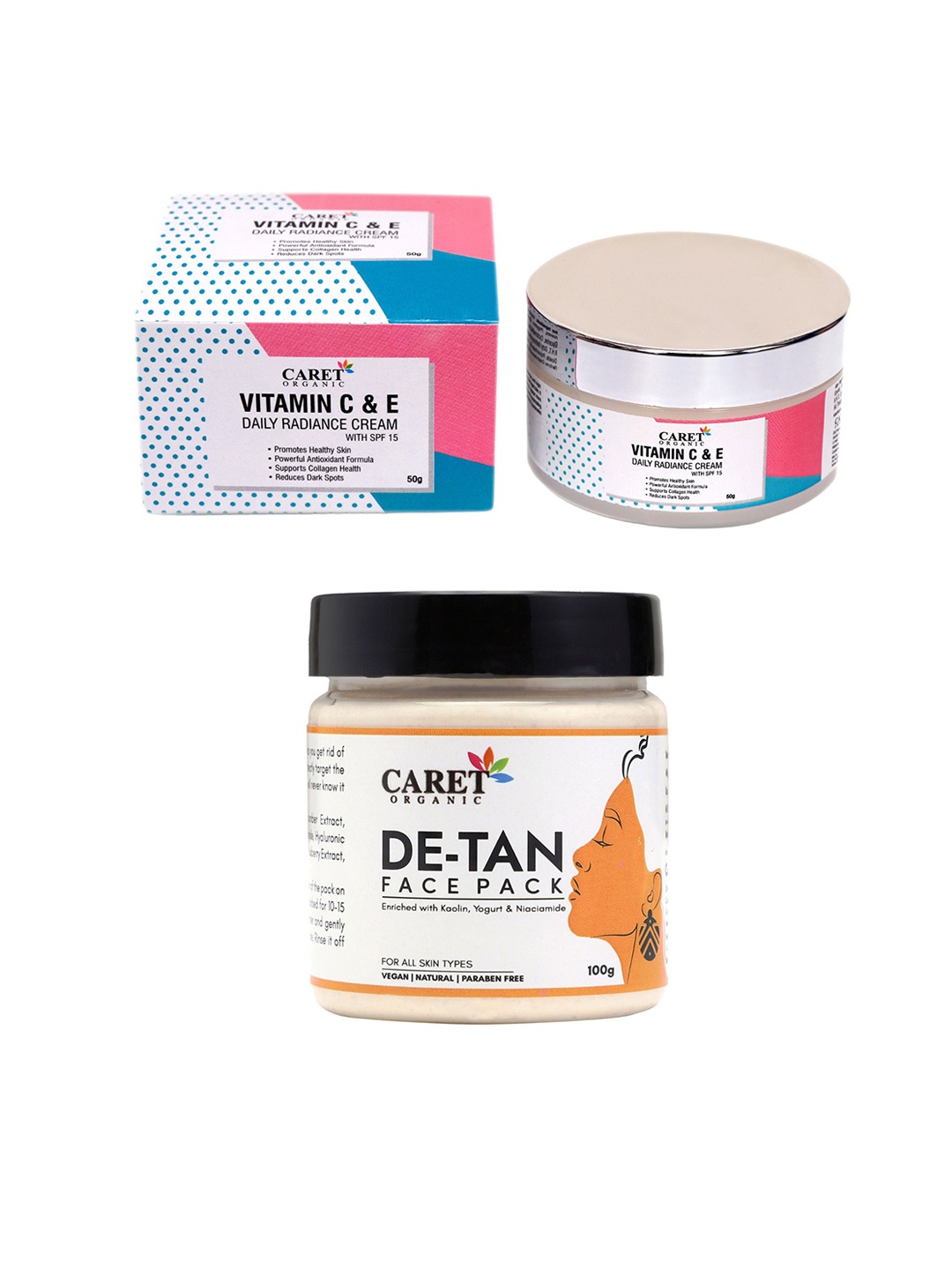 CARET ORGANIC Set Of 2 Vitamin E Radiance Cream - 50 g & De-Tan Face Pack - 100 g, White
CARET ORGANIC Set Of 2 Vitamin E Radiance Cream - 50 g & De-Tan Face Pack - 100 g, White