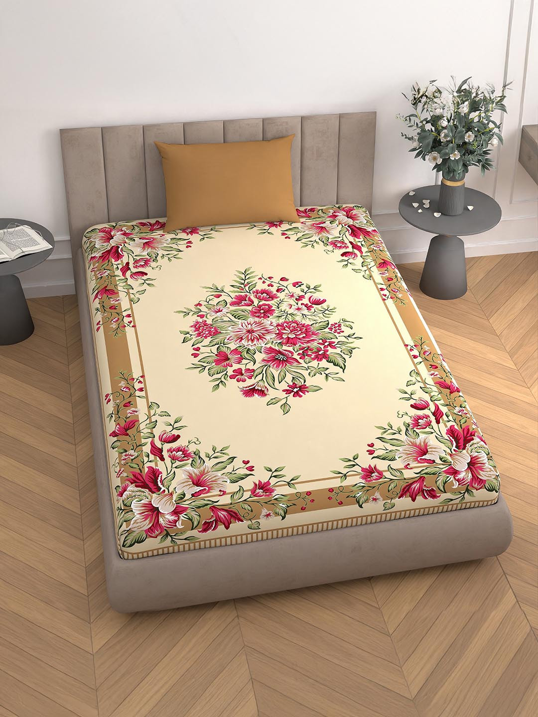 Cortina Beige & Green Floral 110 TC Single Bedsheet with 1 Pillow Covers 
Cortina Beige & Green Floral 110 TC Single Bedsheet with 1 Pillow Covers