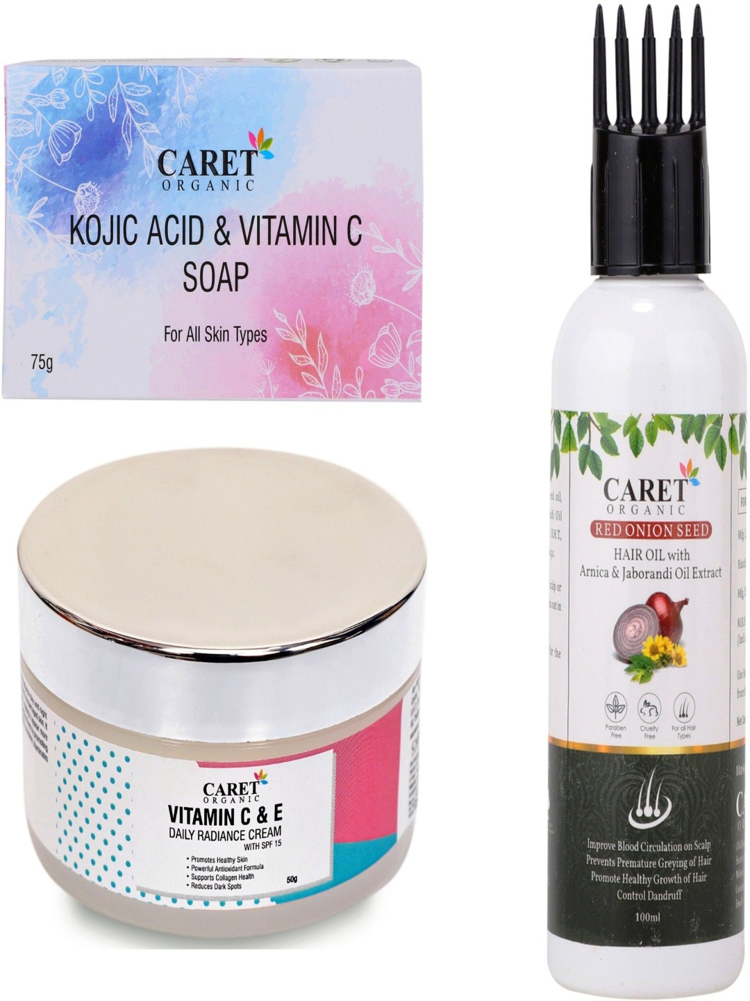 CARET ORGANIC 3Pc Vitamin C & E Cream With Kojic Acid Soap & Red Onion Seed Hair Oil, Multi
CARET ORGANIC 3Pc Vitamin C & E Cream With Kojic Acid Soap & Red Onion Seed Hair Oil, Multi