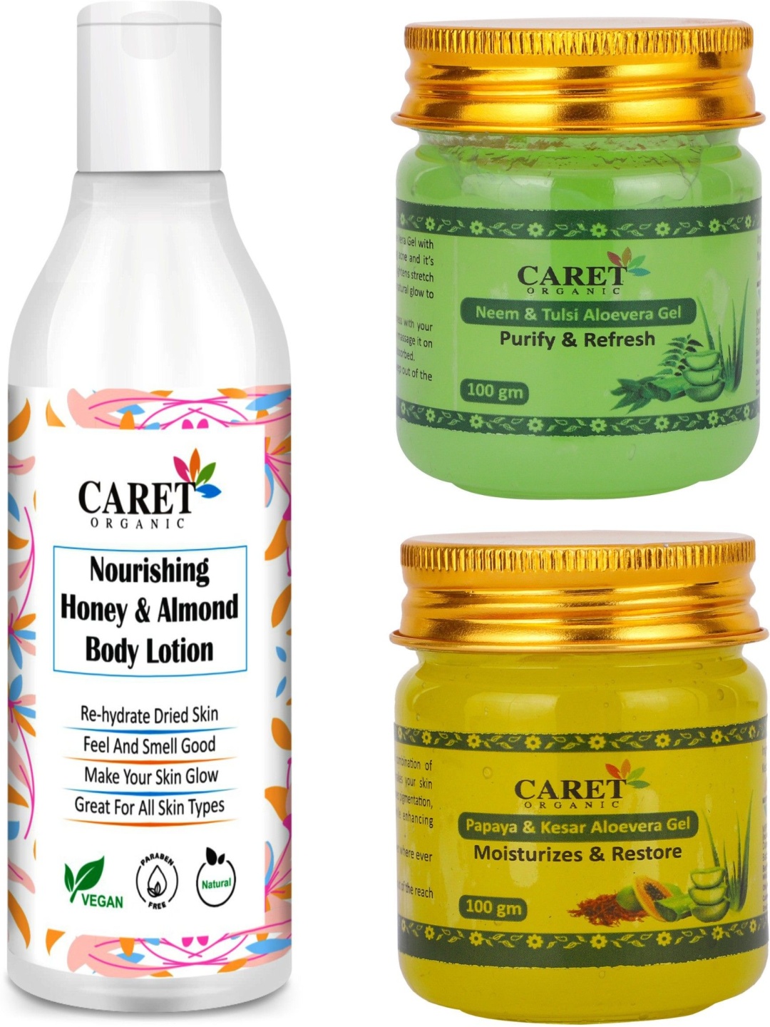 CARET ORGANIC Set Of 3 Almond Body Lotion - 250 ml, Aloevera Gel & Papaya Gel 100 g Each, White
CARET ORGANIC Set Of 3 Almond Body Lotion - 250 ml, Aloevera Gel & Papaya Gel 100 g Each, White