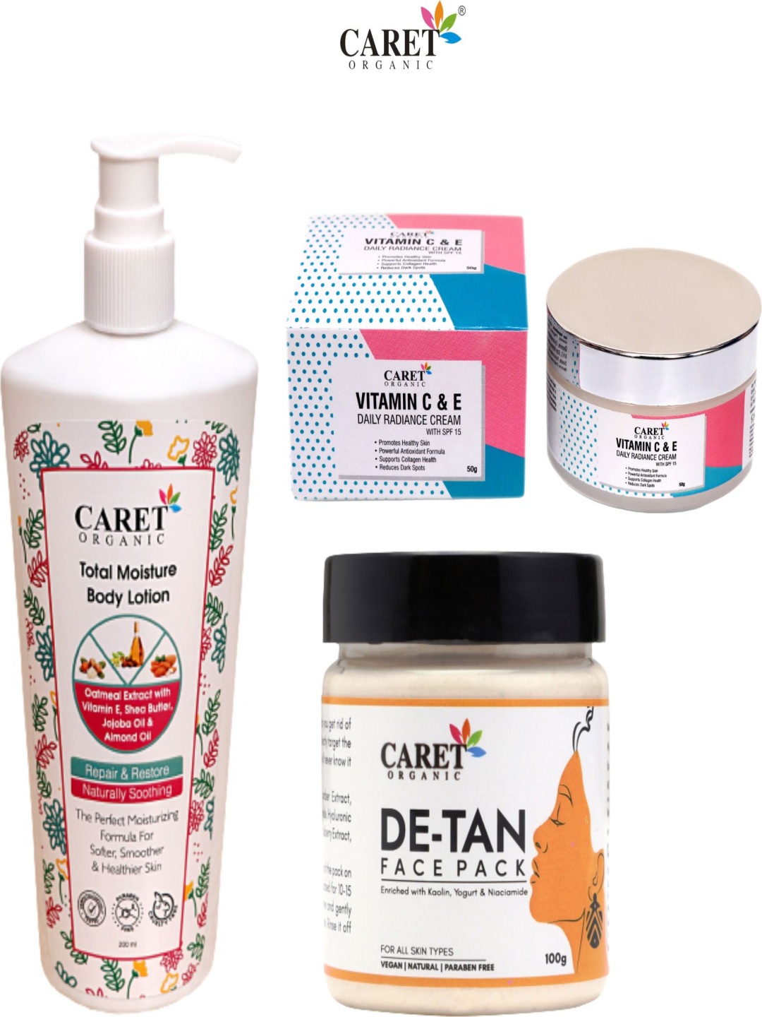 CARET ORGANIC Set Of 3 Total Moisture Body Lotion, De-Tan Face Pack & Vitamin C & E Cream, White
CARET ORGANIC Set Of 3 Total Moisture Body Lotion, De-Tan Face Pack & Vitamin C & E Cream, White